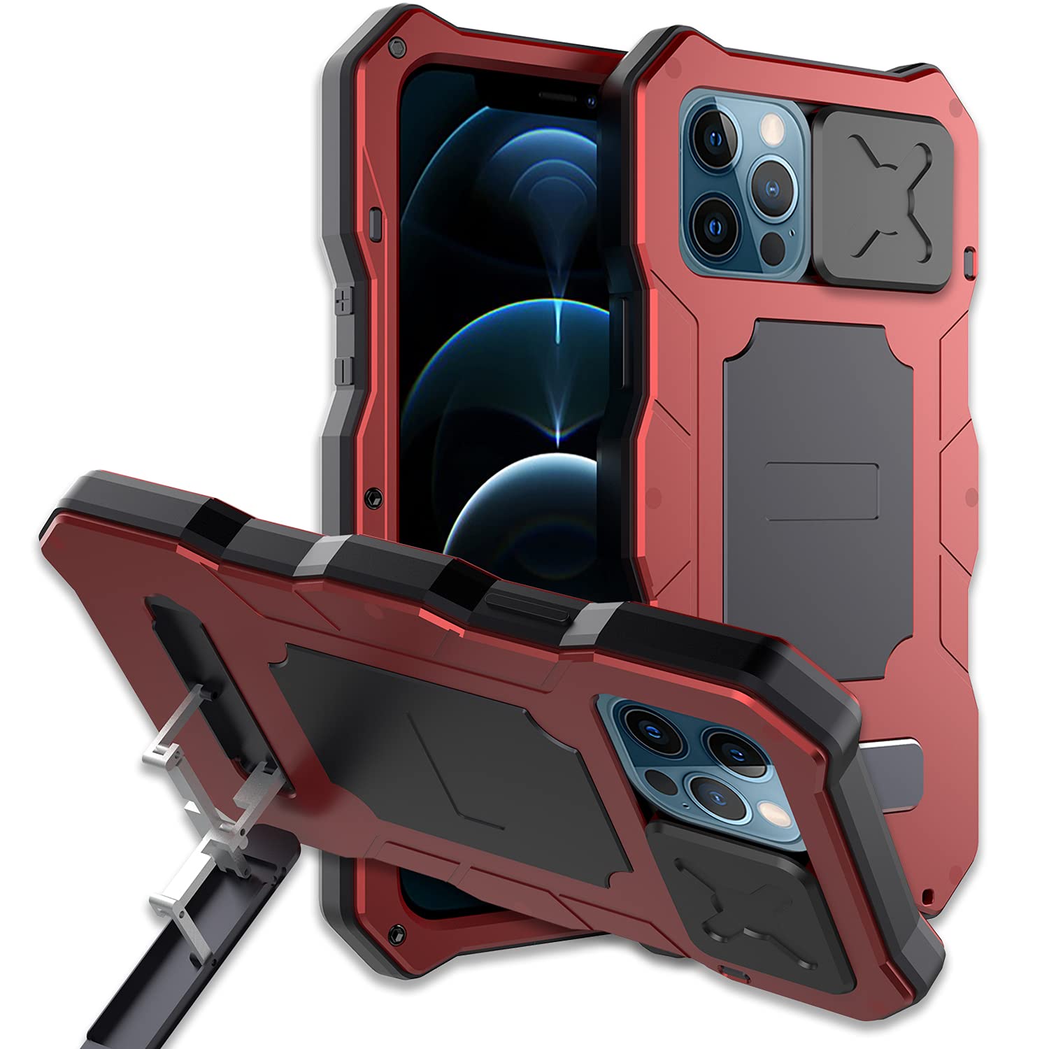 iPhone 12 Pro Max Heavy Duty Rugged Case with Camera Protector & Stand | Military-Grade Metal Silicone Full Cover | Includes Screen Protector & Slide Camera Cover | Perfect for Outdoor Activities, Travel & Extreme Sports (Red)
