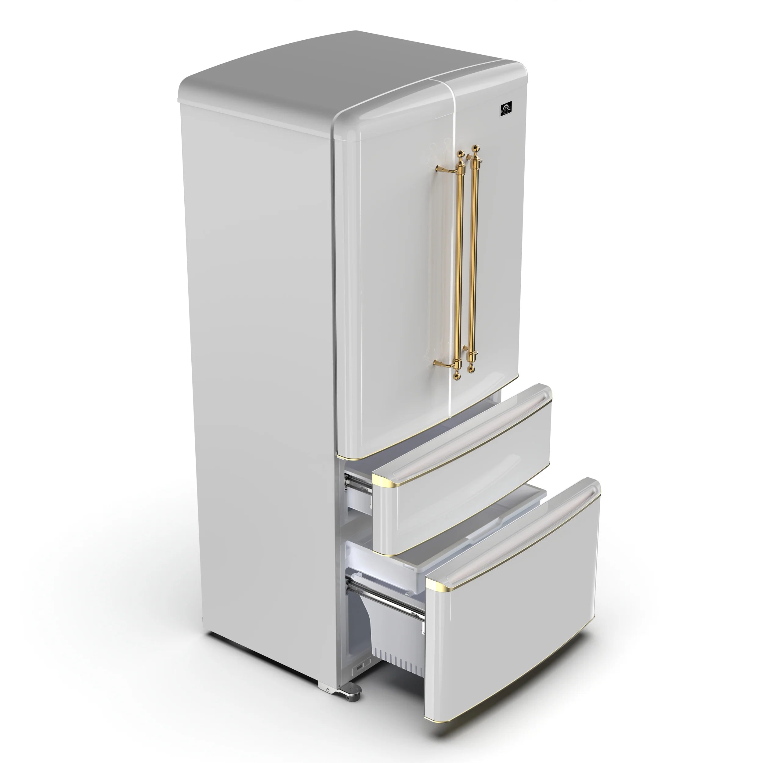 Forno Luigi 33 Inch French Door Refrigerator in White with Antique Brass Finish - Model FFFFD1791 33WHT | Energy Efficient Stainless Steel Kitchen Appliance for Modern Homes & Restaurants