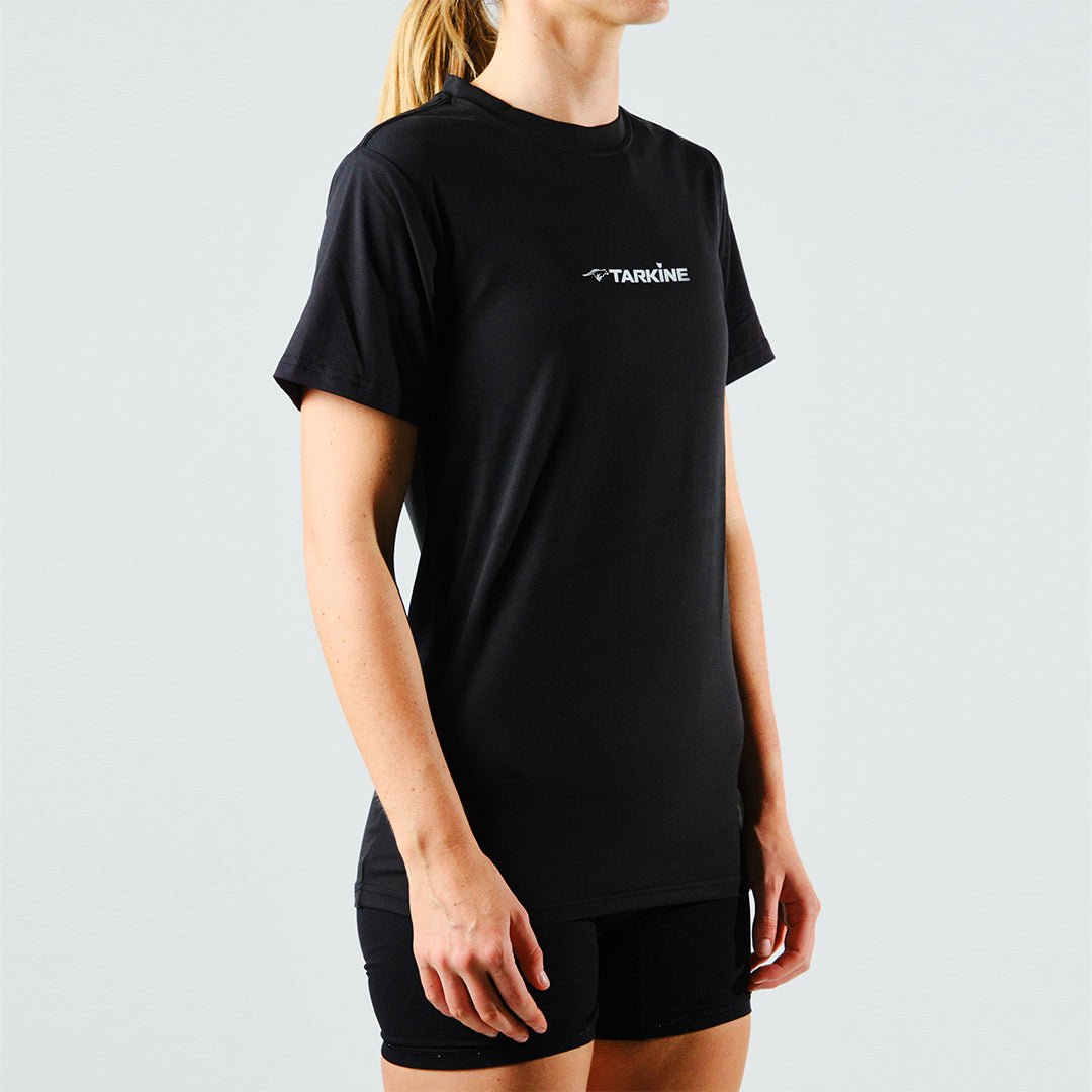 Eco-Friendly Women's Running Shirts - Tarkine Ultra Eco Tee in Tassie Devil Black | Sustainable Activewear for Outdoor Jogging & Gym Workouts