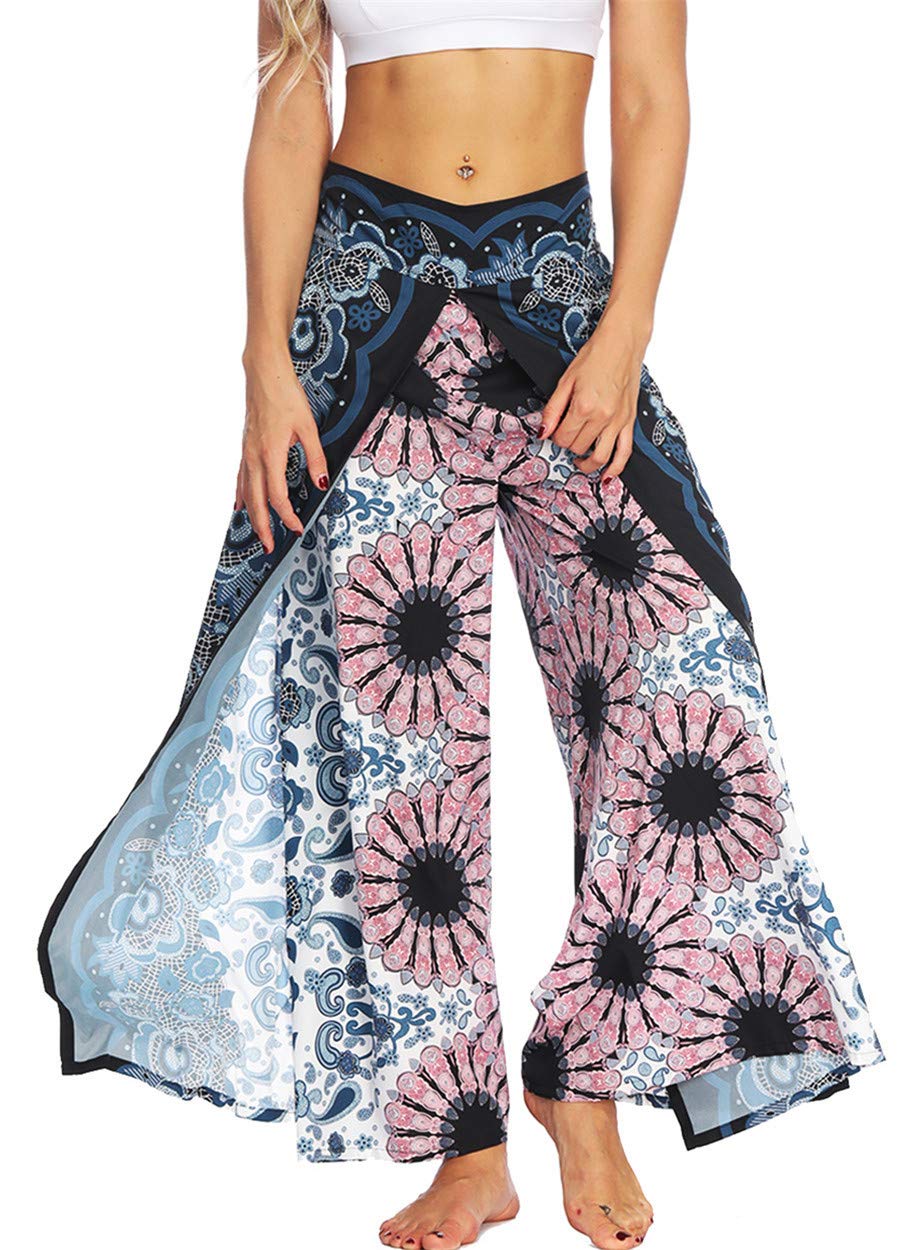 ENLACHIC Women's Boho Printed Palazzo Yoga Pants - High Waisted Wide Leg Lounge Pants with Side Split for Workout, Running, Travel & Casual Wear