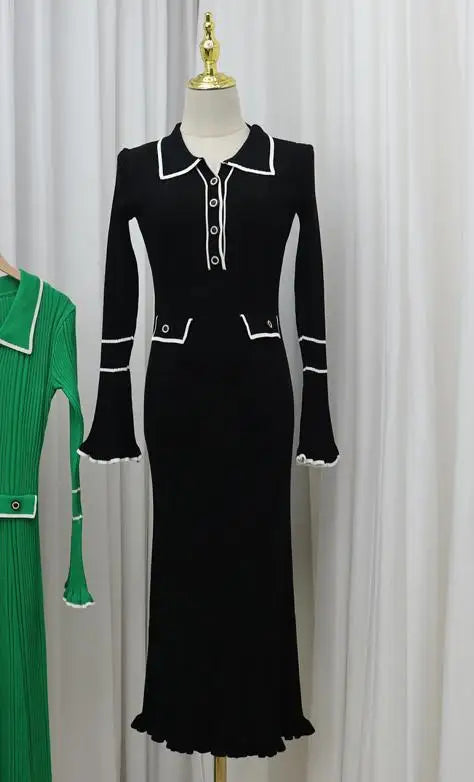 Autumn 2024 Women's Fashion Long Sleeve Single Breasted Patchwork Knit Dress - Elegant Office Wear & Business Casual Dress for Work, Meetings, and Professional Events