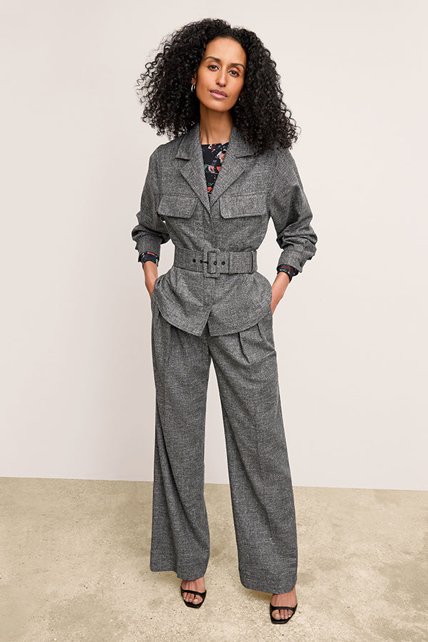 Bia Pleated High Waist Crosshatch Suiting Trousers for Women - Black & White - Office Wear & Business Casual Outfits
