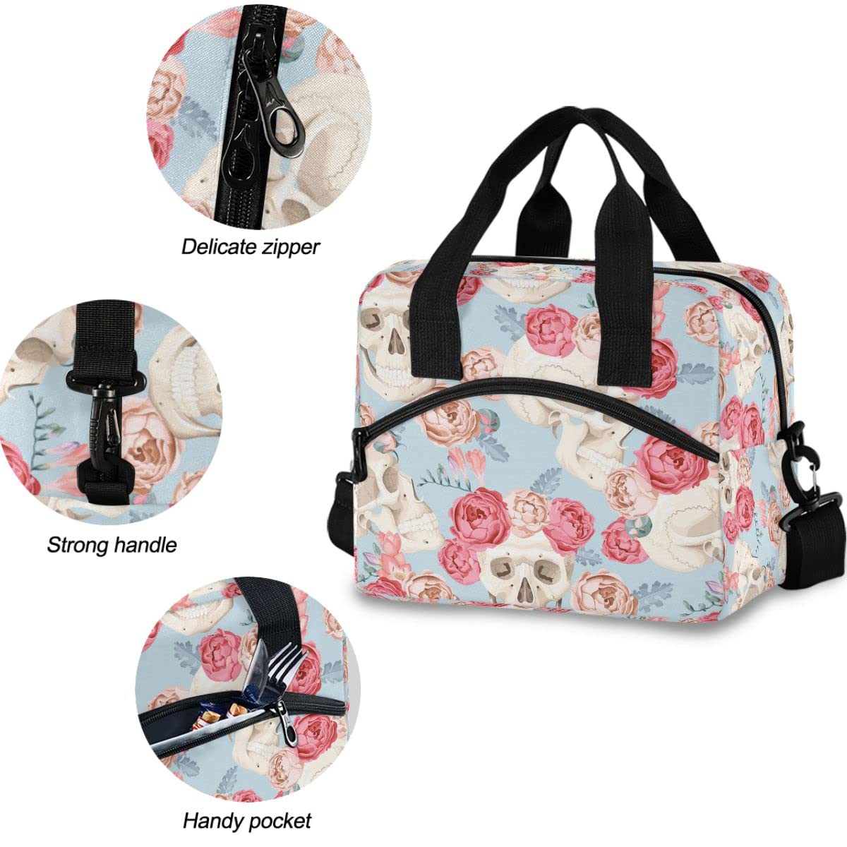 Insulated Lunch Bag with Pink Smiling Skull Design - Reusable Leakproof Cooler Tote for Women & Men - Perfect for Work, School, Picnics & Outdoor Activities