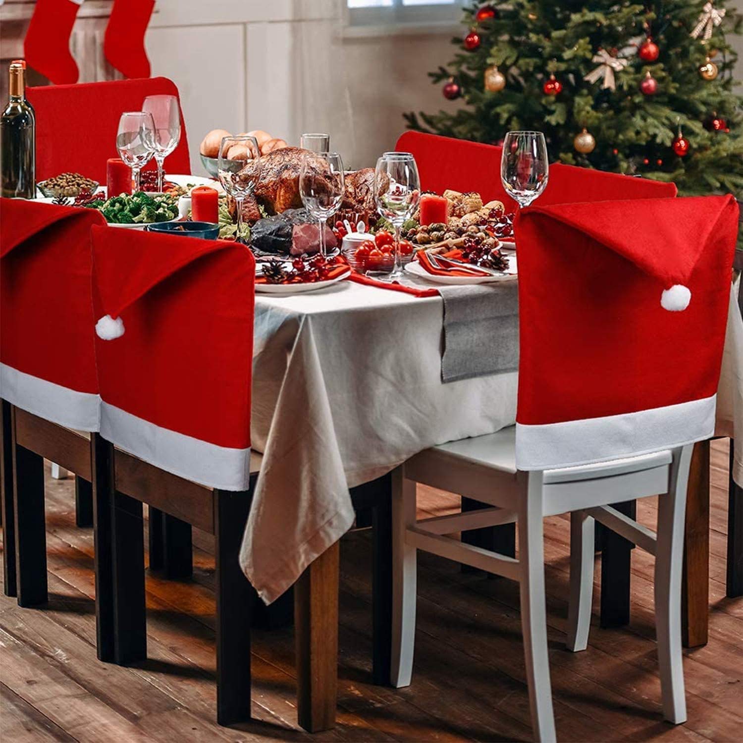 6-Pack Santa Hat Chair Covers - Festive Red Christmas Chair Back Covers for Dining Room, Kitchen & Holiday Decor (Perfect for Christmas Parties, Home Decor & Seasonal Celebrations)