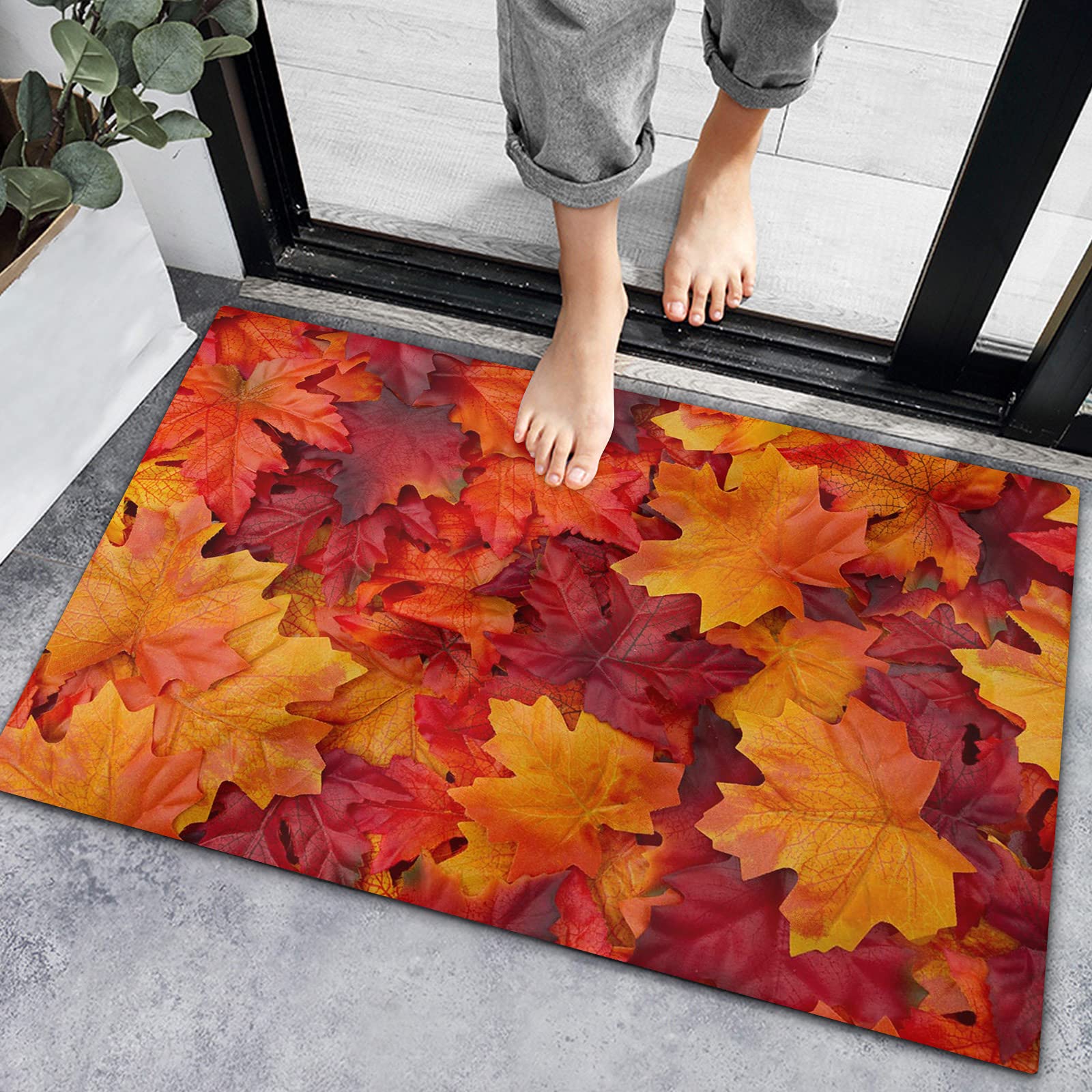Non-Slip Absorbent Indoor Doormat with Rubber Backing - Autumn Maple Leaves Design for Front Door, Bathroom & Entryway | Perfect for Fall Decor, Thanksgiving, Farmhouse Style & Bedroom Floor Protection