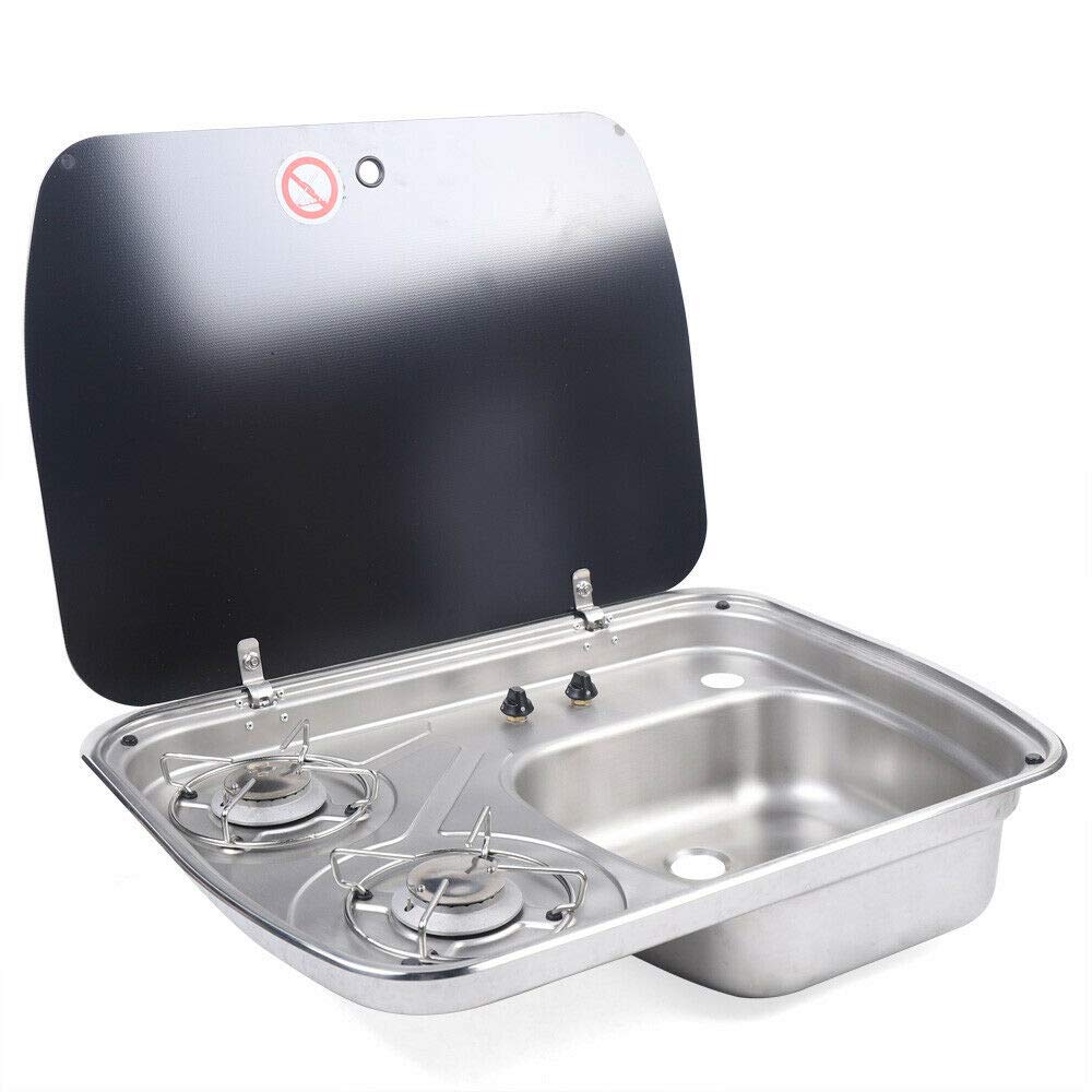 Portable 2 Burner Gas Stove with Sink Combo for RV, Camper, Boat - LPG Powered with Glass Lid (GR-588, Faucet Not Included) - Perfect for Outdoor Cooking & Camping Trips
