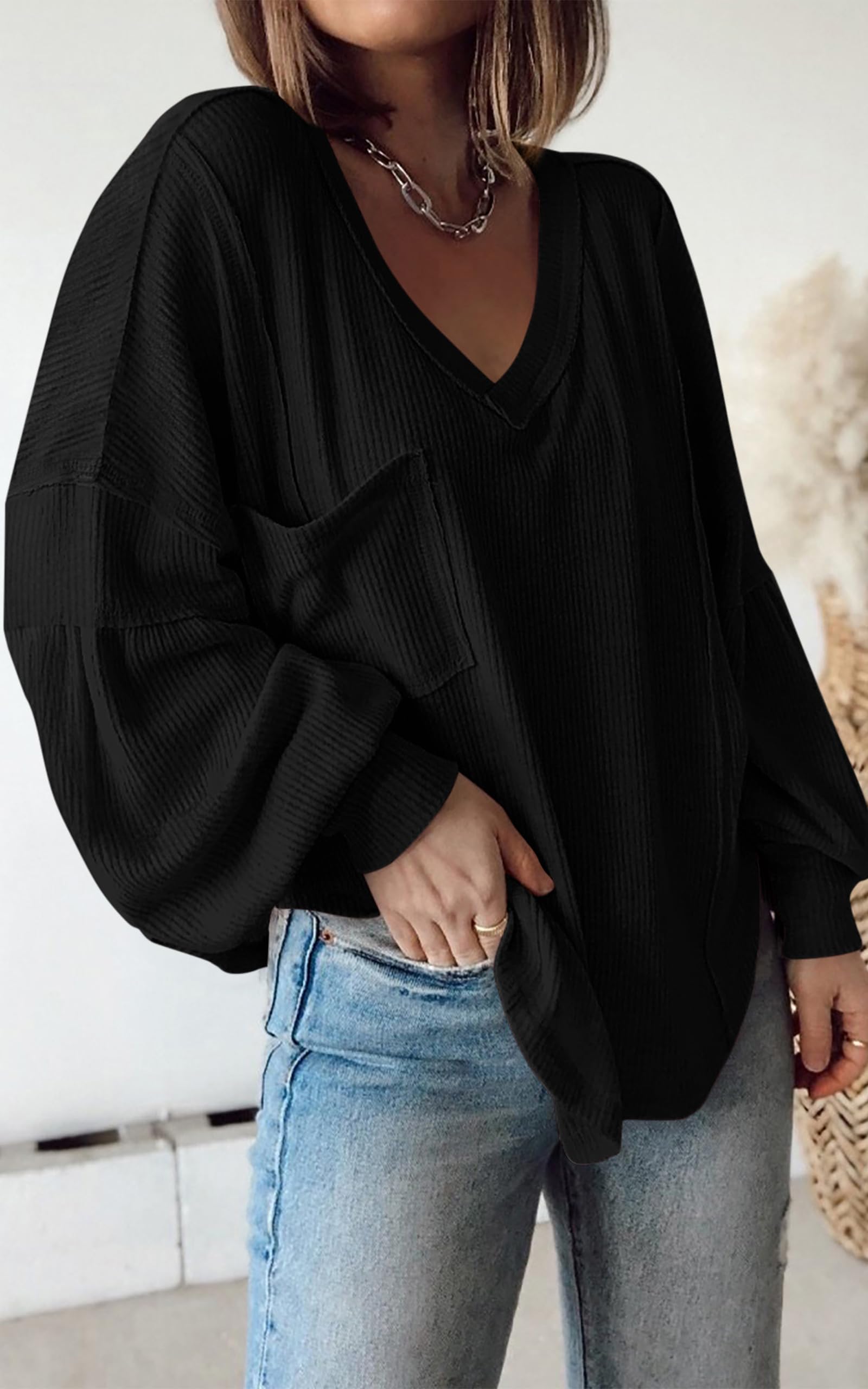 BTFBM Women's Ribbed Long Sleeve V-Neck Pullover Knit Top - Trendy Loose Fit Tunic Blouse for Spring & Summer 2025 - Perfect for Casual Outfits, Layering and Office Wear