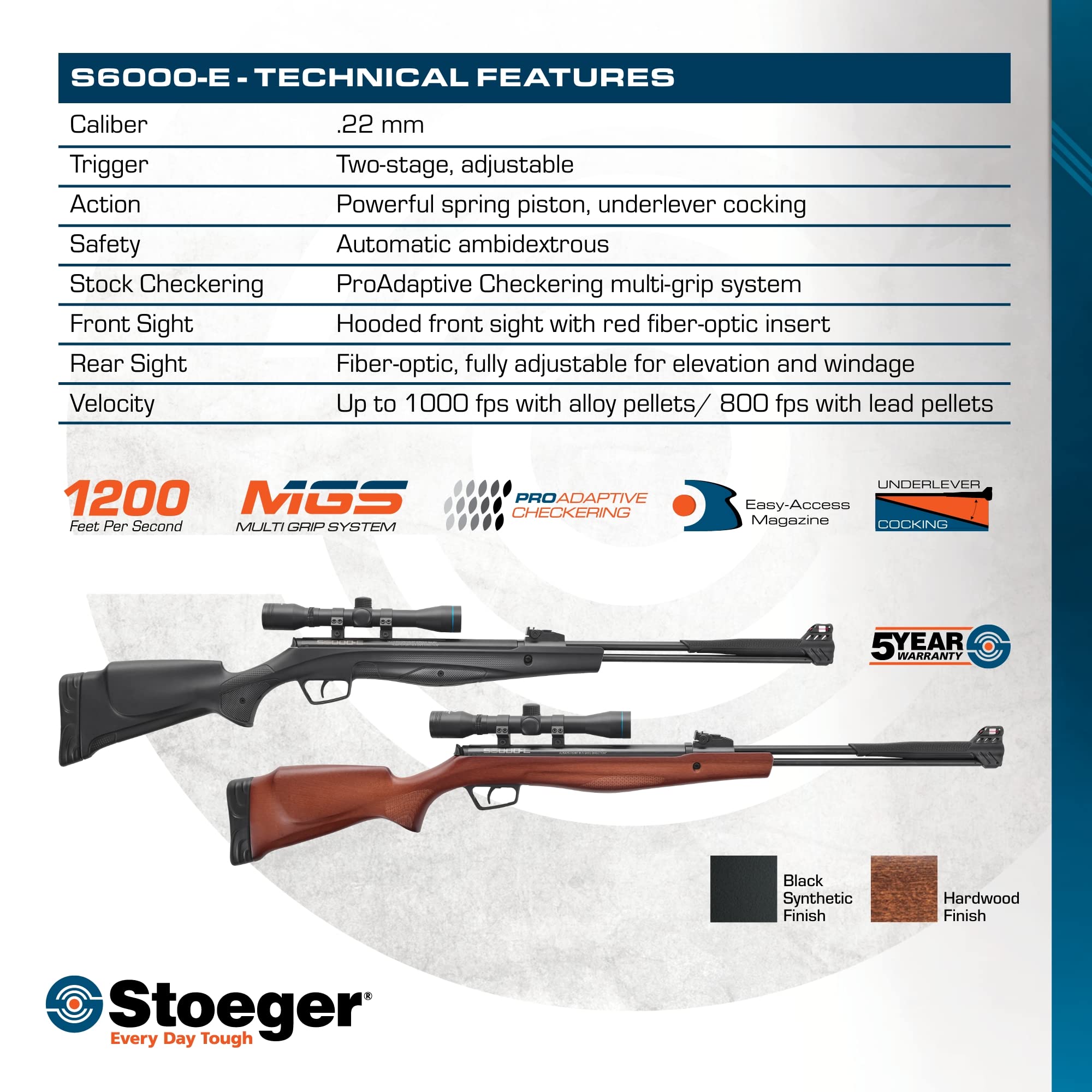 Stoeger S6000-E .22 Caliber Air Rifle Combo with Black Synthetic Stock, Fiber-Optic Sights & 4x32 Scope – Perfect for Hunting, Target Practice & Outdoor Shooting Sports
