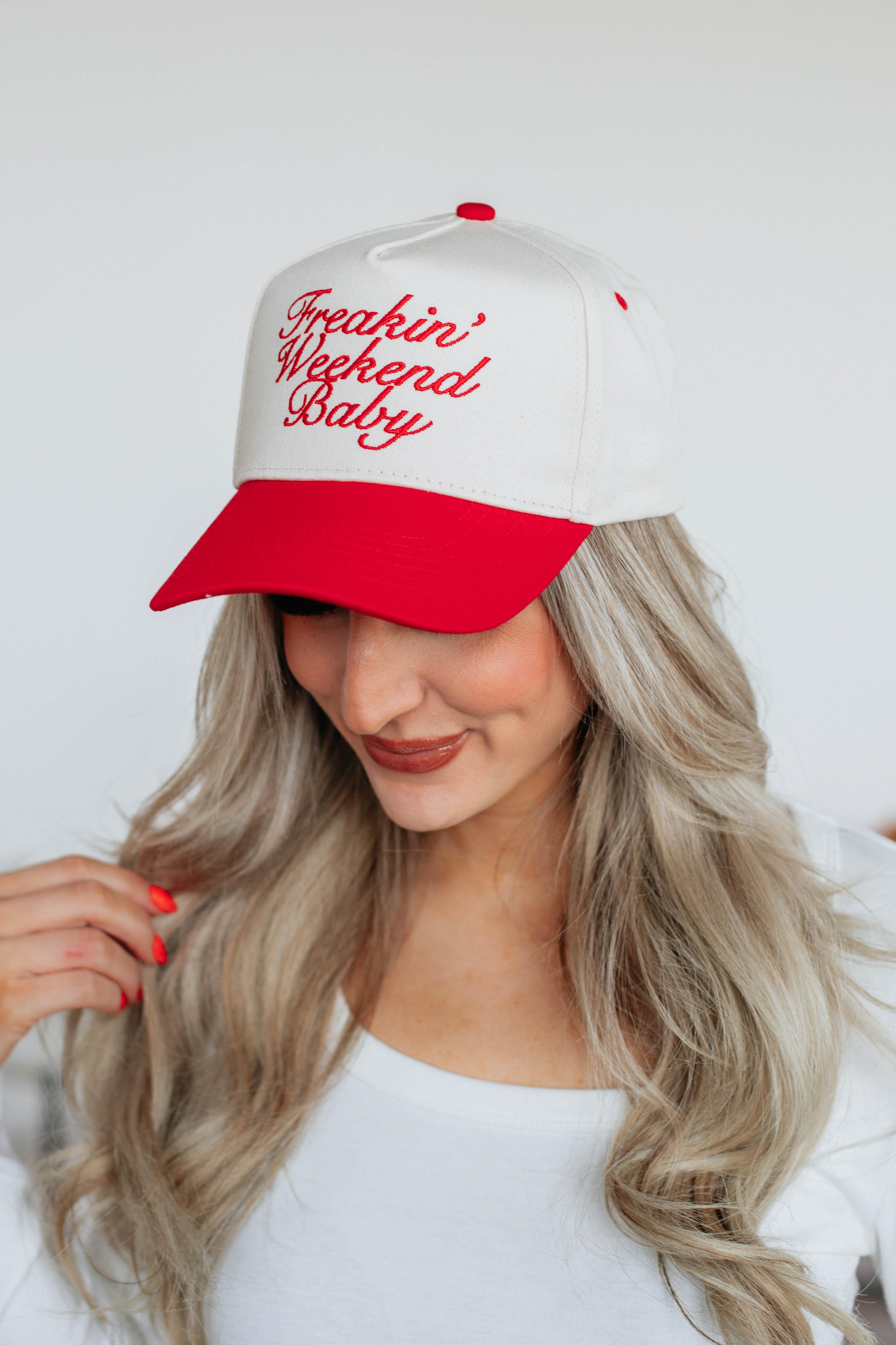 Freakin' Weekend Baby Trucker Hat - Stylish Red Baseball Cap for Men & Women | Perfect for Outdoor Activities, Music Festivals and Casual Wear