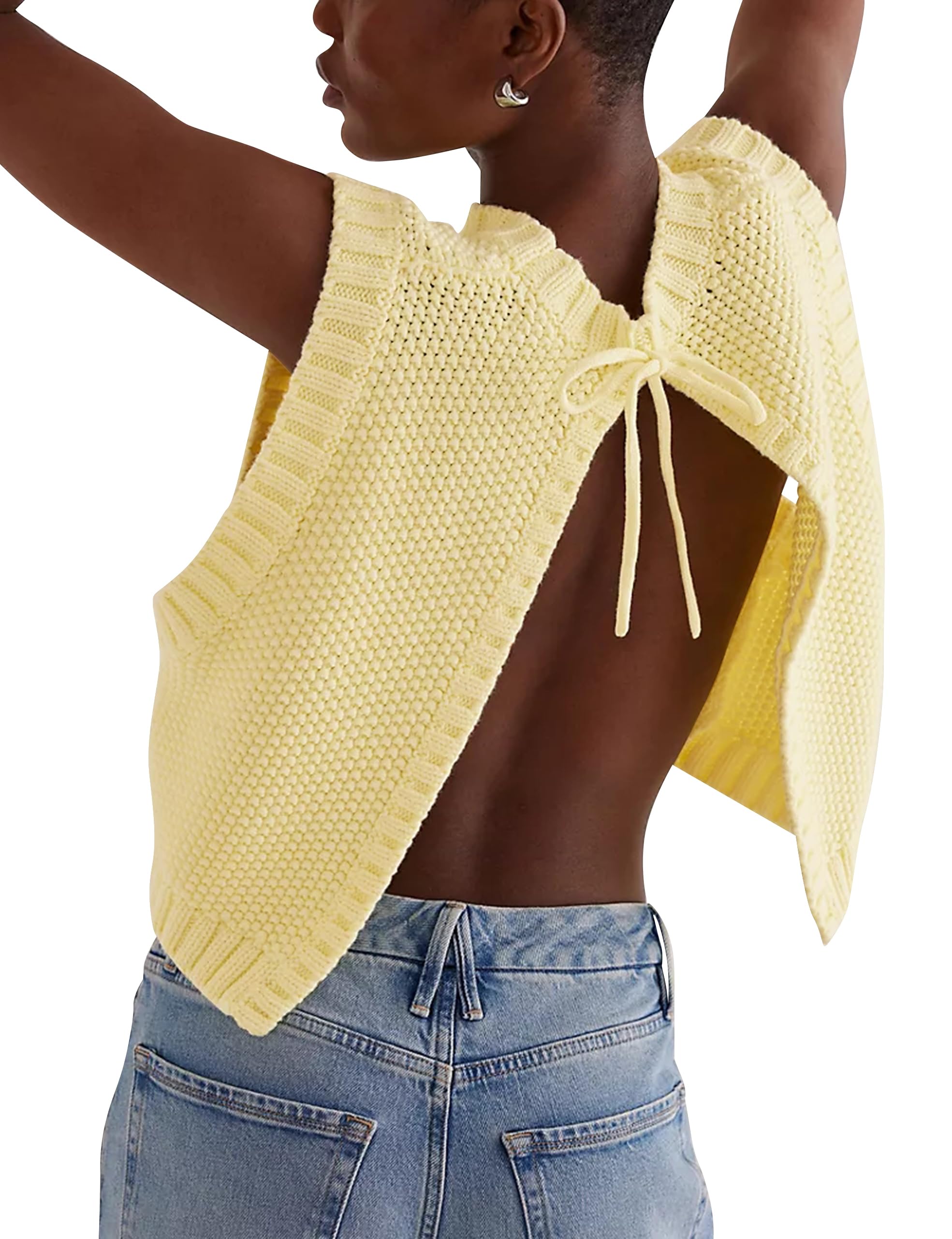 Women's Y2K Trendy Sleeveless Crewneck Sweater Vest - Backless Tie-Up Slit Knit Crop Top for Casual Outfits | Perfect for Layering, Streetwear & Fashion Instagram Photos