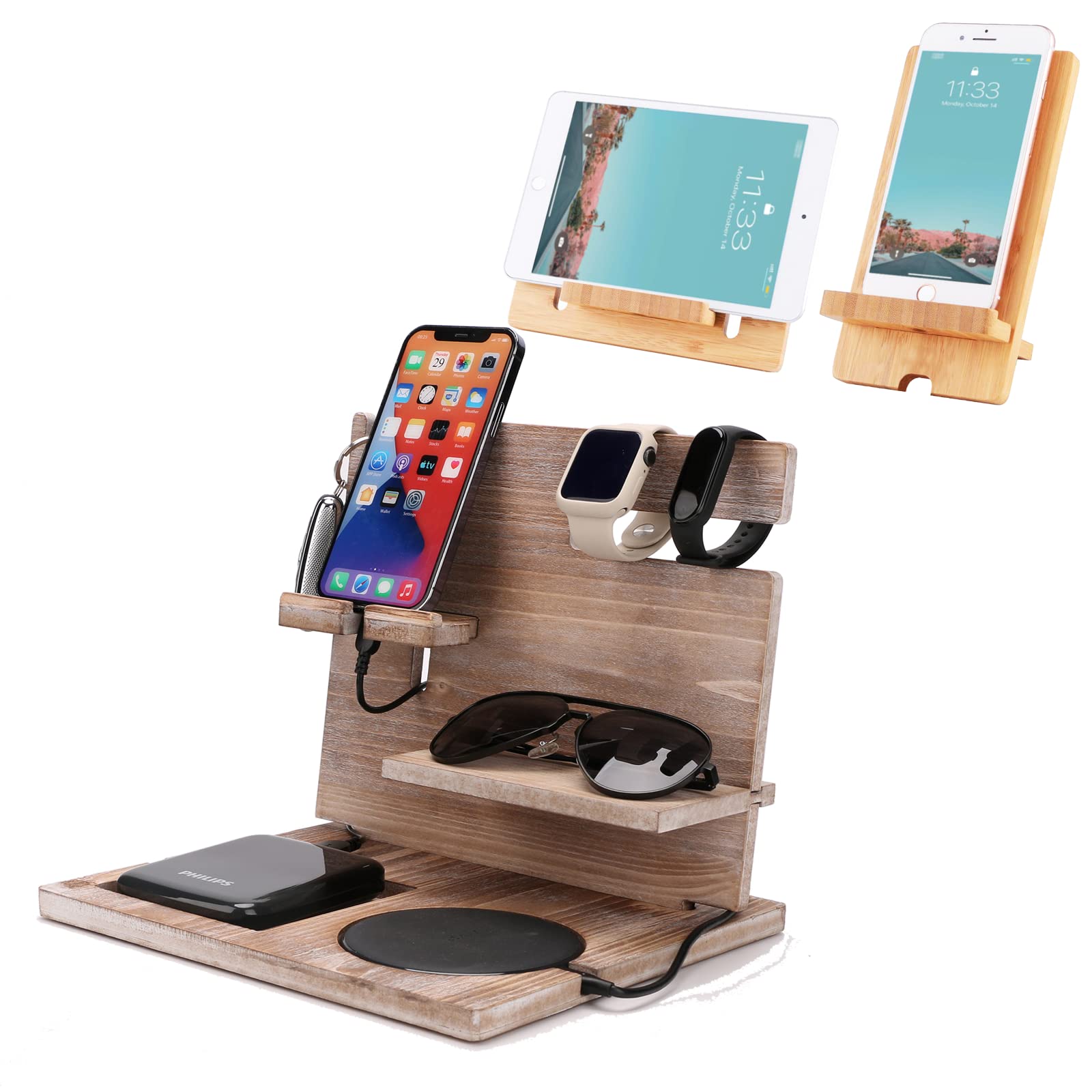 Premium Wooden Docking Station & Phone Stand - Dual Function Organizer for Home Office Desk, Compatible with iPhone, Samsung & Tablets - Perfect for Workspace, Nightstand & Minimalist Decor