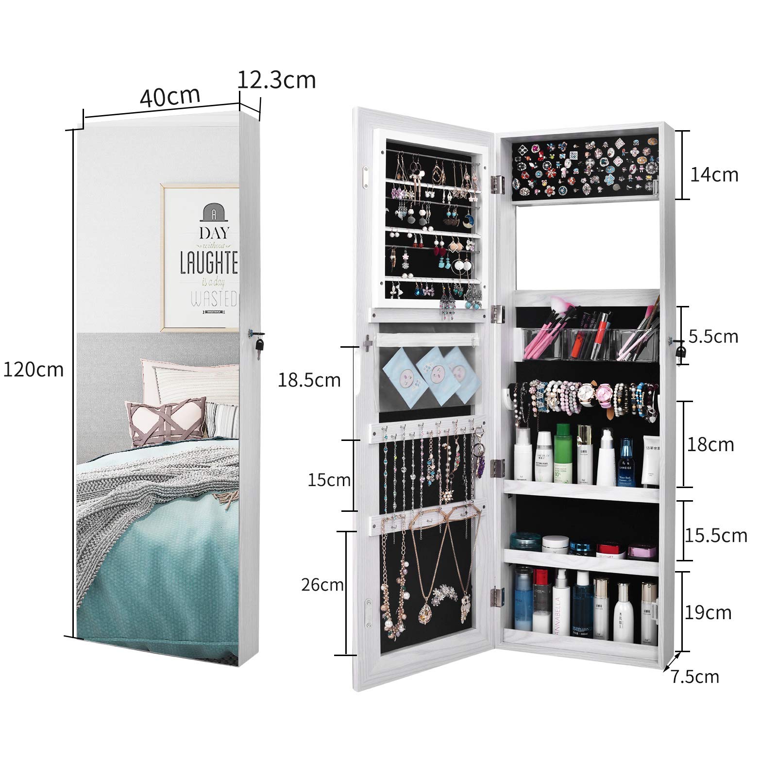 Full Length Mirror Jewelry Armoire with LED Lights - Wall Mounted White Jewelry Cabinet Organizer for Bedroom, Closet & Dressing Room
