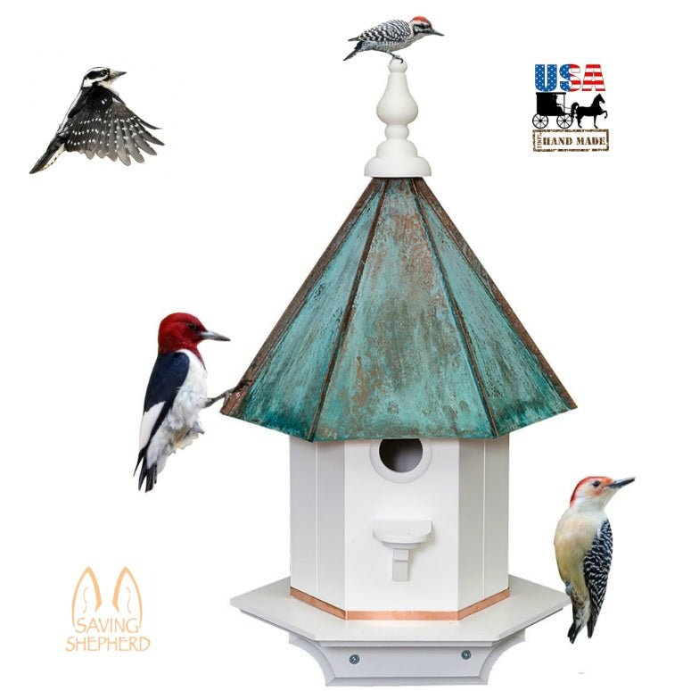 Woodpecker Birdhouse with Azek Vinyl & Patina Copper Roof - Durable Outdoor Bird House for Garden, Yard & Backyard Decor