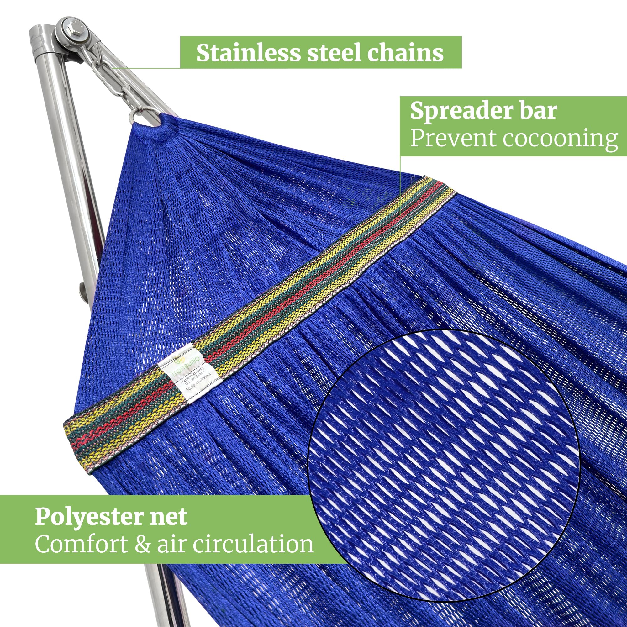 **Tranquillo Double Hammock with Stand - 650lb Capacity Heavy Duty Hammock Set with Spreader Bar, Solid 201 Stainless Steel Frame - 30s Quick Setup, Portable & Sturdy for Indoor & Outdoor Use - Perfect for Backyard, Camping, Beach & Patio Relaxation (Blue)**
