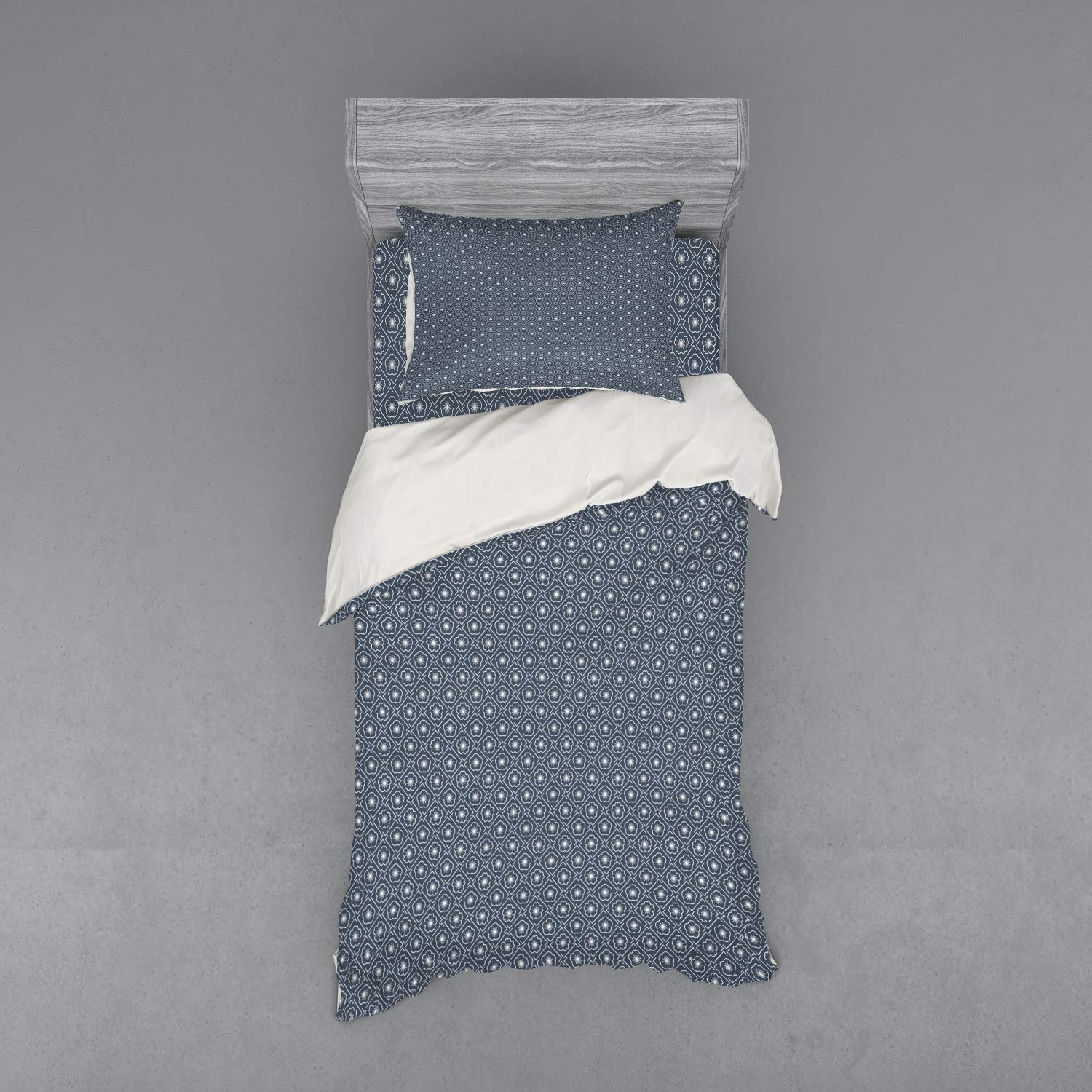 Ambesonne Japanese Duvet Cover Set - Diagonal Checkered Floral Pattern 3-Piece Bedding Set with Sham & Fitted Sheet, Twin XL Size, Dark Blue Grey - Perfect for Spring Bedroom Decor & Guest Room Styling