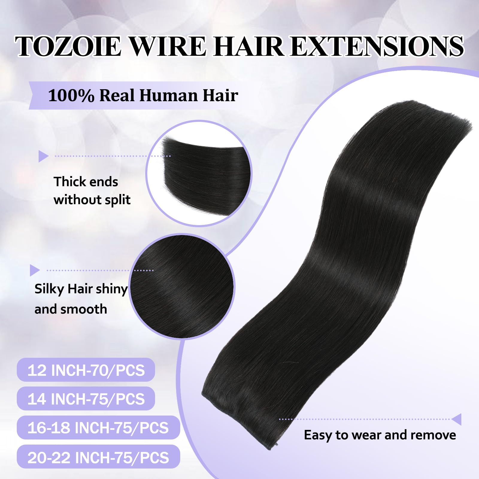 Real Human Hair Extensions with Invisible Wire – Adjustable Size, Transparent Wire & Secure Clips – 20Inch Straight Hairpiece for Women (90g, Natural Black) – Perfect for Weddings, Parties & Daily Styling