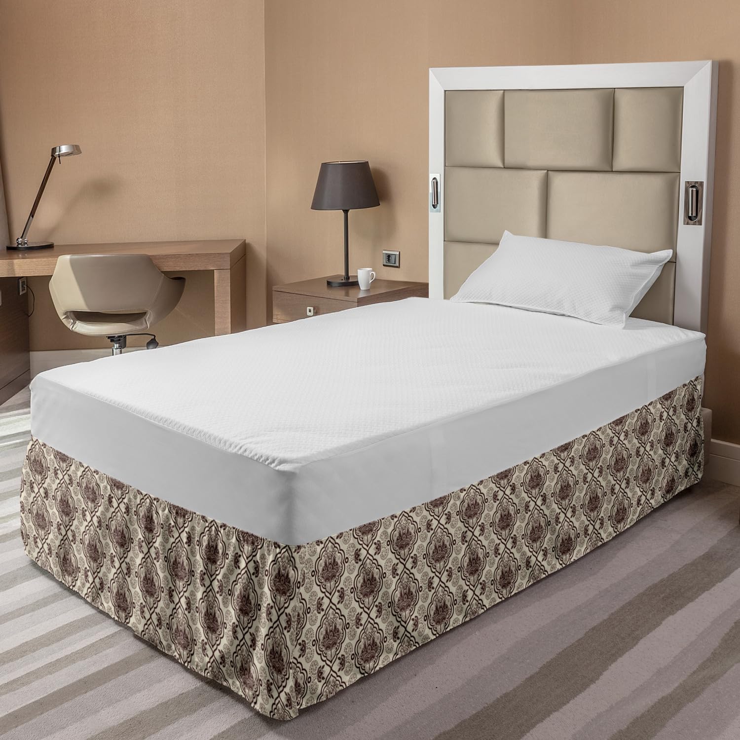 Ambesonne Damask Bedskirt - Abstract Curvy Frames & Swirly Lotus Motifs - Elastic Wrap Around Gathered Design - Full Size - Chestnut Brown & Beige - Perfect for Bedroom Decor & Guest Room Styling