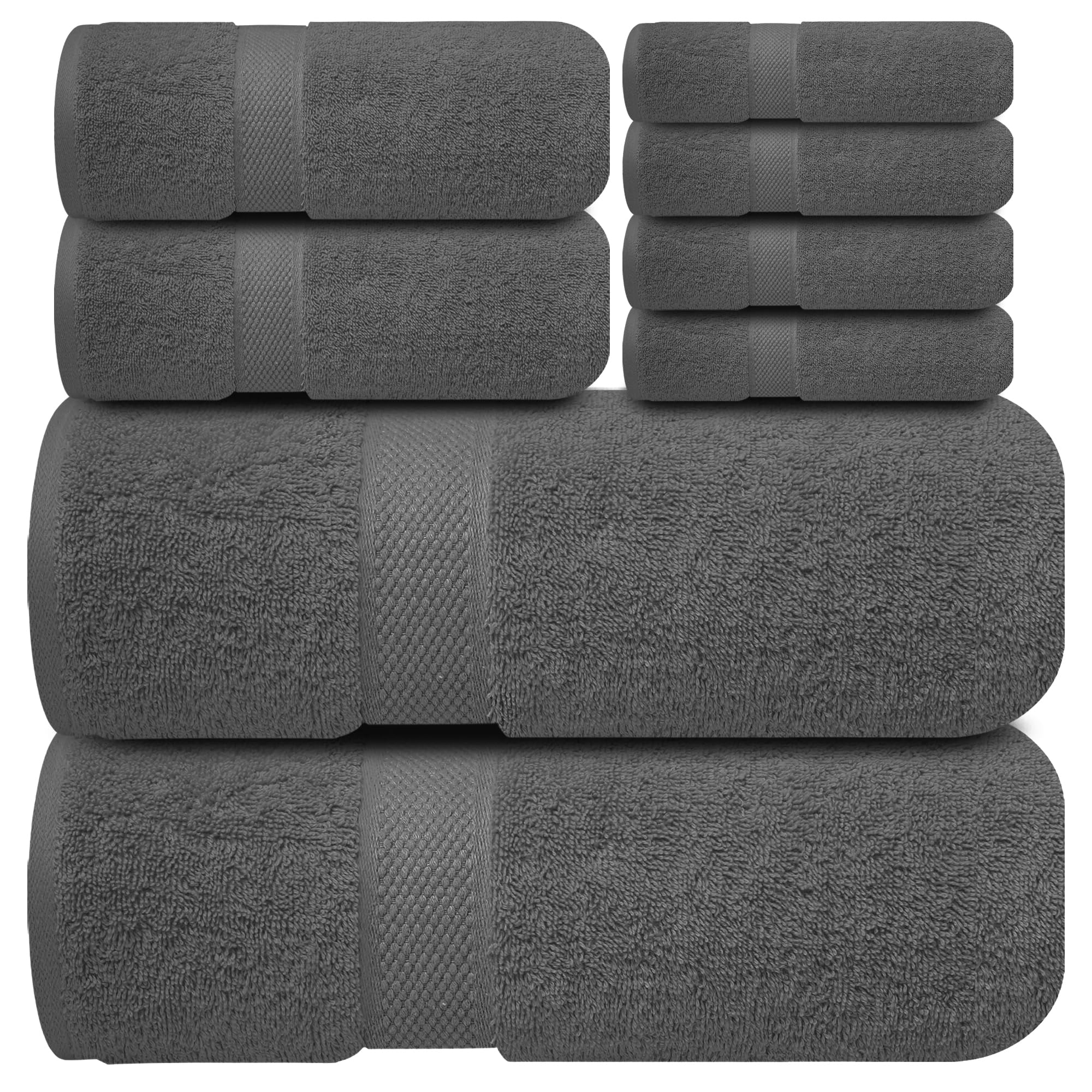 Premium 100% Cotton Bath Towel Set - 8 Piece Luxury Hotel Quality Bathroom Towels (2 Bath, 2 Hand, 4 Washcloths) - Ultra Soft & Absorbent - Shadow Grey - Perfect for Spa, Guest Bathroom & Upscale Home Decor