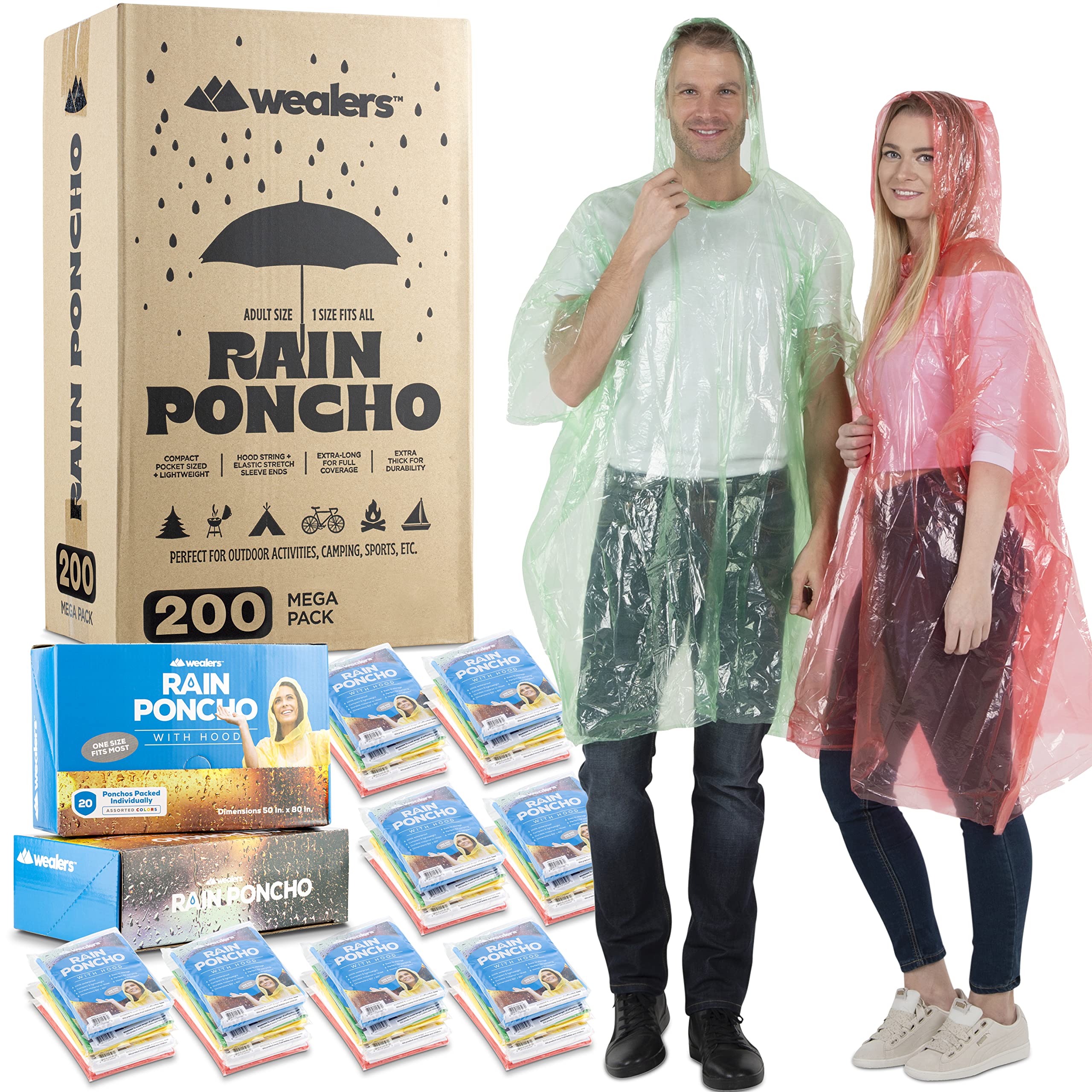 Waterproof Disposable Rain Ponchos for Adults & Teens - Bulk Pack Emergency Raincoats for Outdoor Activities, Camping, Hiking & Theme Parks - Multi Colors