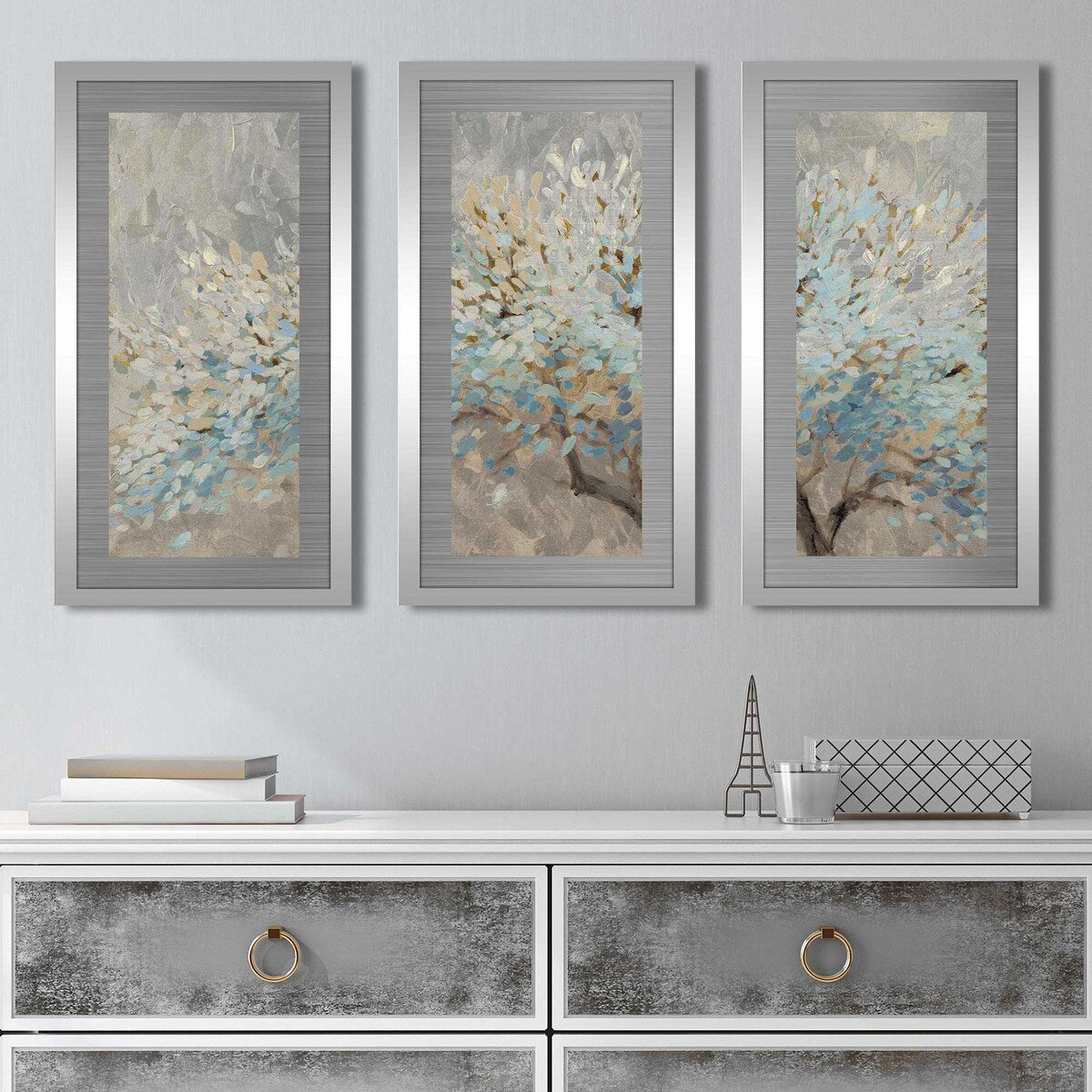 3-Piece Silver Aluminum Wall Art Prints - Elegant Home Decor for Living Room, Bedroom & Office