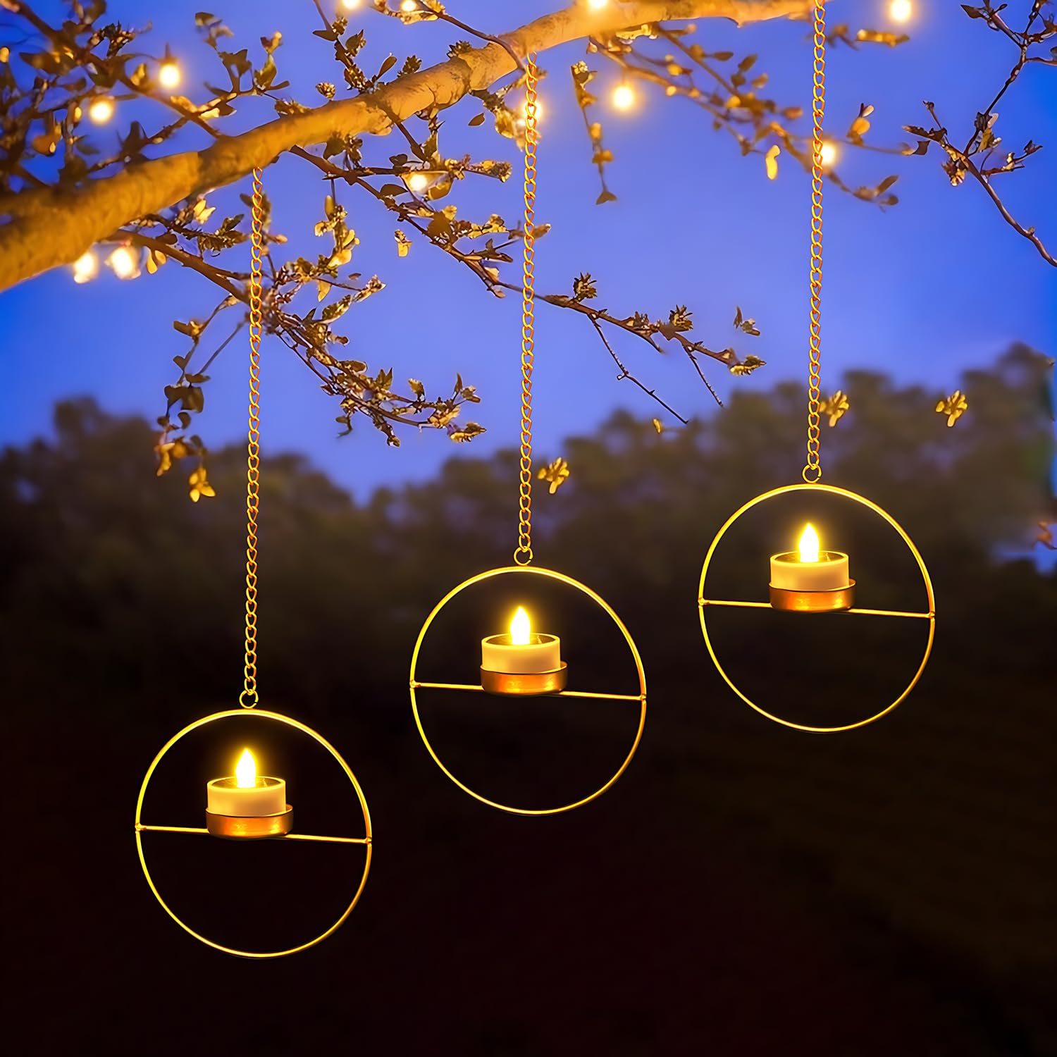 Solar Powered Outdoor Hanging Lanterns - Waterproof Golden Metal Candle Holders with LED Tea Lights - Perfect for Garden, Patio, Pergola, Gazebo & Backyard Decor (Set of 3) - Ideal for Romantic Evenings, Outdoor Parties & Cozy Ambiance