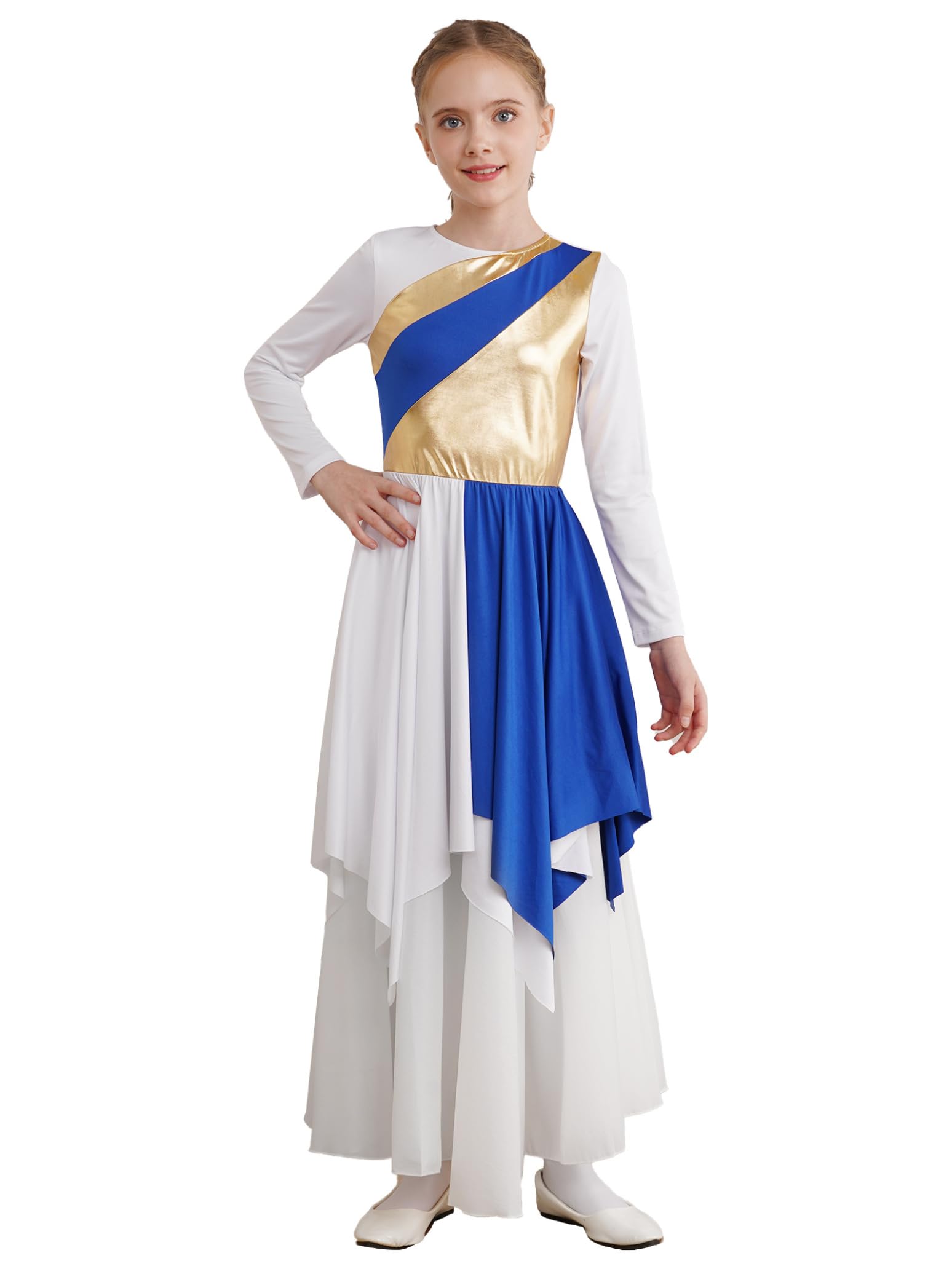 Girls Long Sleeve Metallic Praise Dance Dress - Liturgical Worship Costume with Asymmetrical Design for Church Performances & Religious Ceremonies