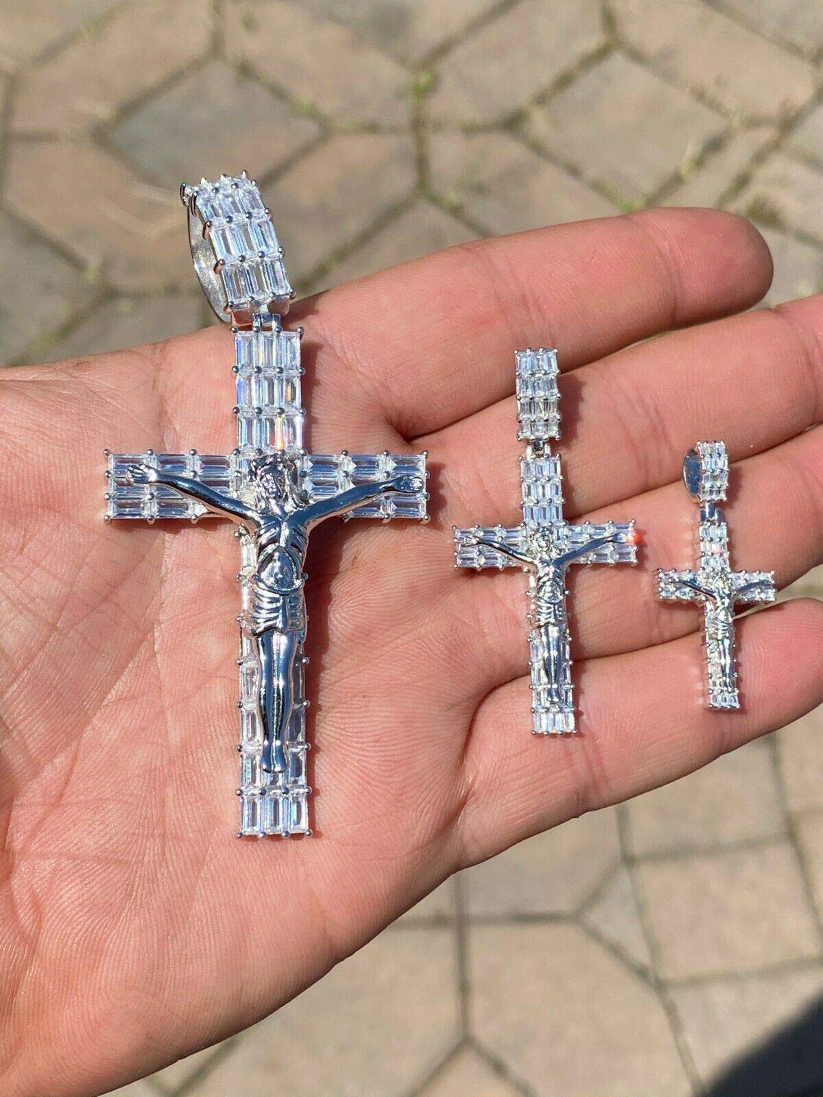 HarlemBling Genuine 925 Sterling Silver Iced Baguette Cross Pendant with Jesus - 3 Sizes (1