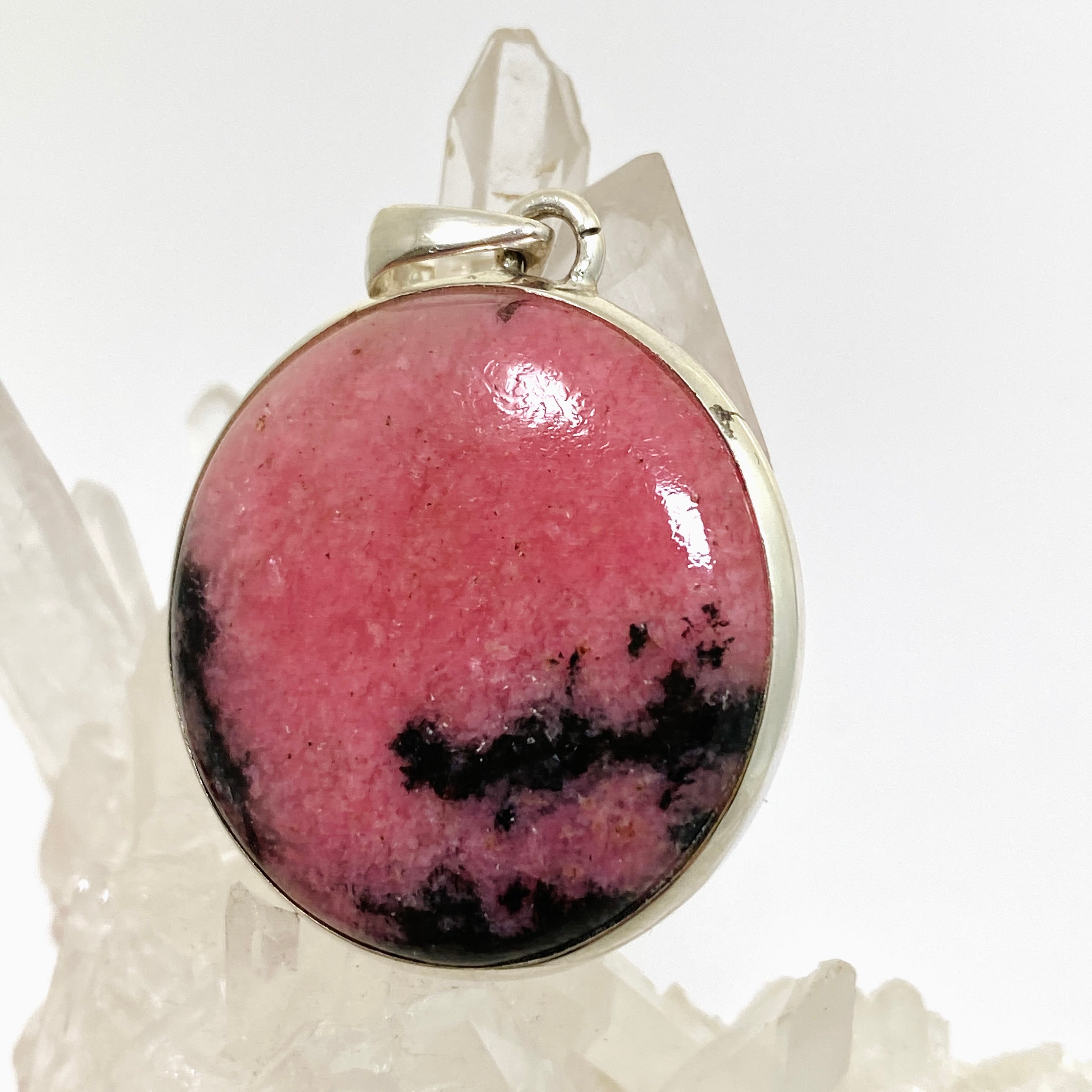 Natural Rhodonite Round Cabochon Pendant - 925 Sterling Silver Jewelry PPGJ1057 for Healing, Meditation & Spiritual Gifts