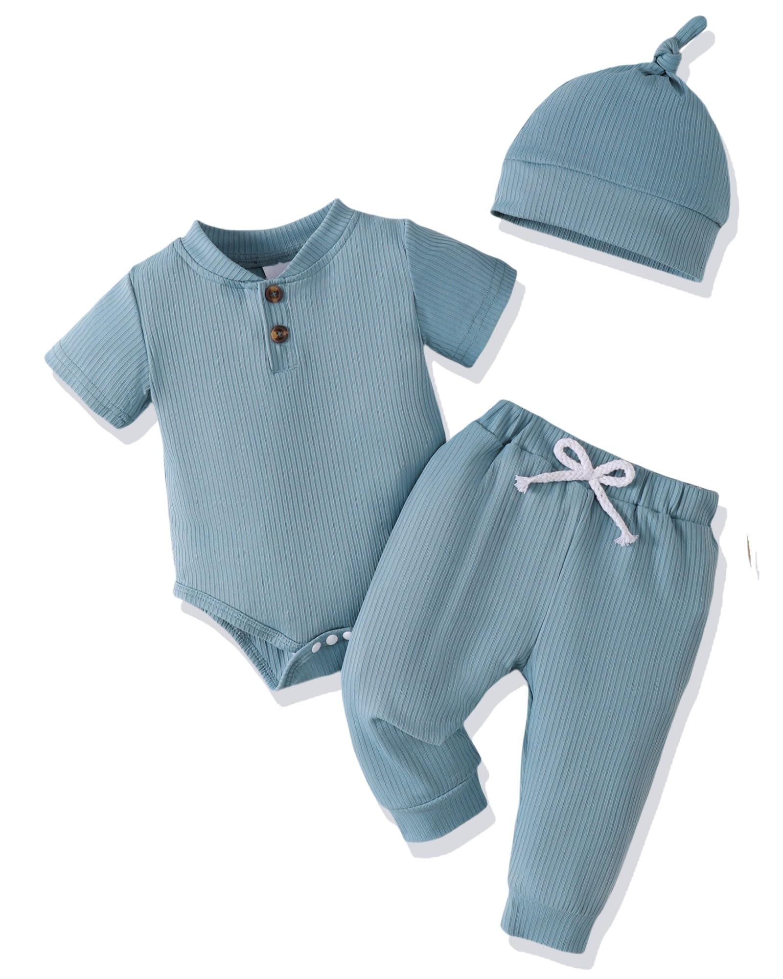 NZRVAWS Baby Boy Clothes Set - Soft Ribbed Knit Romper & Hat Outfit for Newborns 0-12 Months | Cozy Infant Pajamas, Photo Shoot & Daily Wear