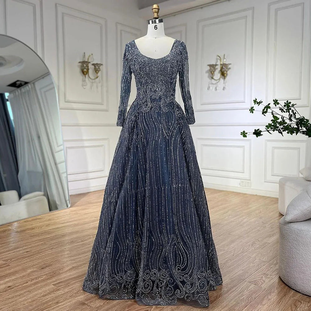 Luxury Dubai Evening Dresses for Women 2025 - Elegant A-Line Beaded Muslim Grey Blue Overskirt LA70773A | Perfect for Weddings, Parties & Formal Events