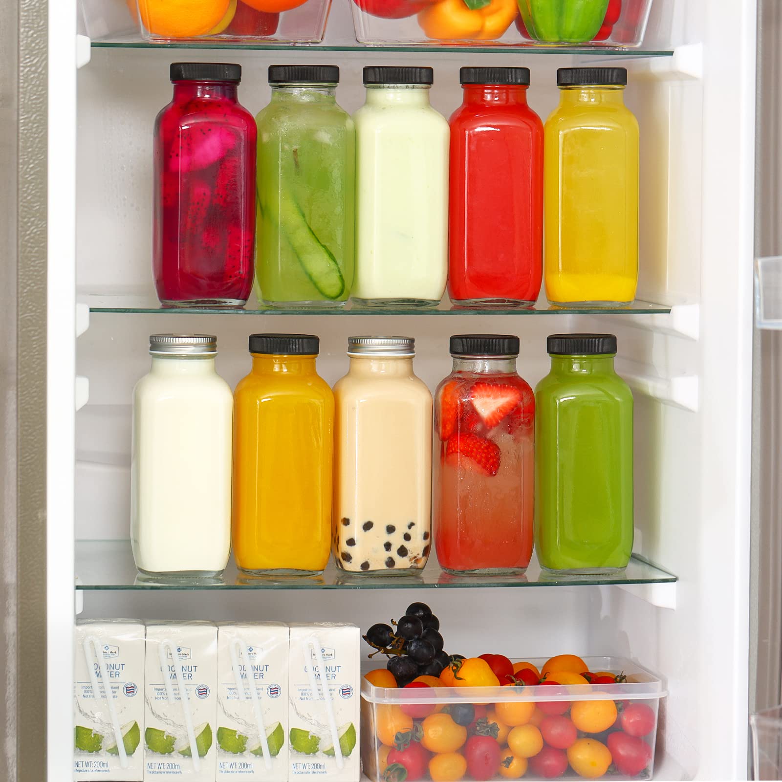 **CUCUMI 10-Pack 16oz Glass Juice Bottles with Lids & Brush - Reusable Drinking Jars for Juice, Water, Smoothies - Includes Glass Straws & Hole Lids - Perfect for Home, Office, Gym & Travel**