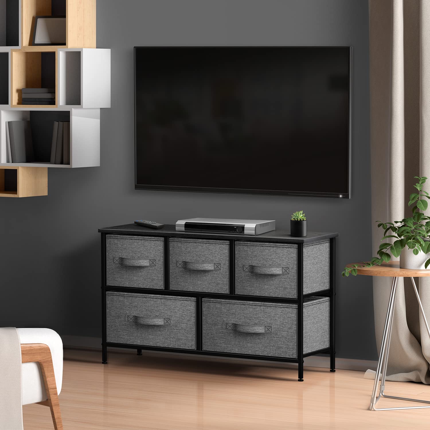 Sorbus 5-Drawer Dresser with Steel Frame & Wood Top - Fabric Bin Storage Organizer for Bedroom, Hallway, Closet & Office - Wide TV Stand Furniture for Home Organization & Space Saving