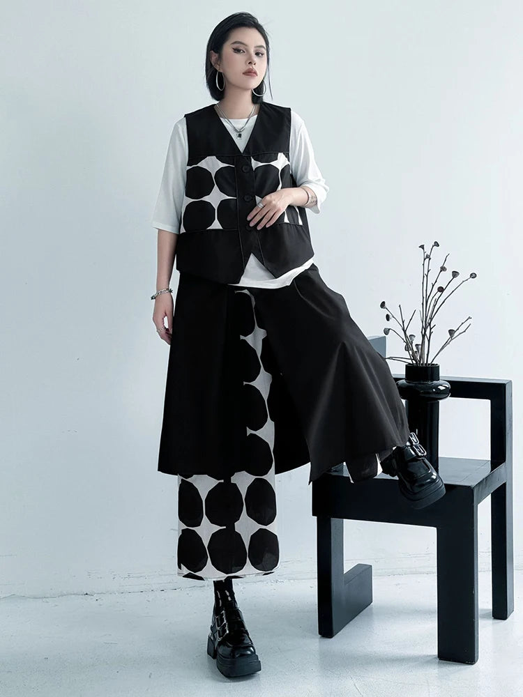 Plus Size Black Polka Dot Vest & Wide Leg Pants 2-Piece Set - Women's Fashion V-Neck Sleeveless Outfit for Spring/Fall 2025 | Office Wear, Casual Chic, Party Outfit