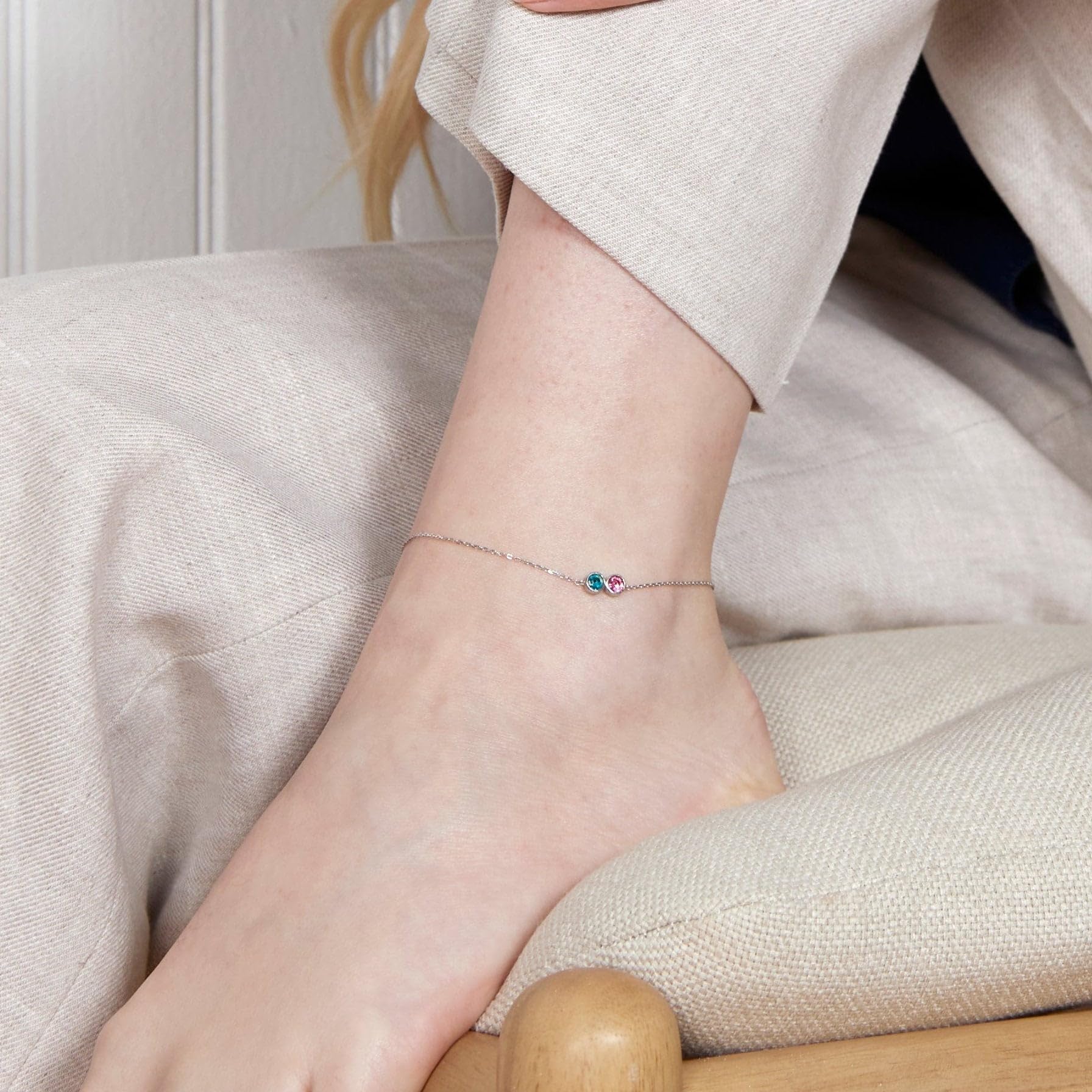 EVE'S ADDICTION Custom Sterling Silver Four Stone Birthstone Anklet - Personalized Jewelry Gift for Mom, Wife, Daughter - Perfect for Mother's Day, Birthday & Anniversary
