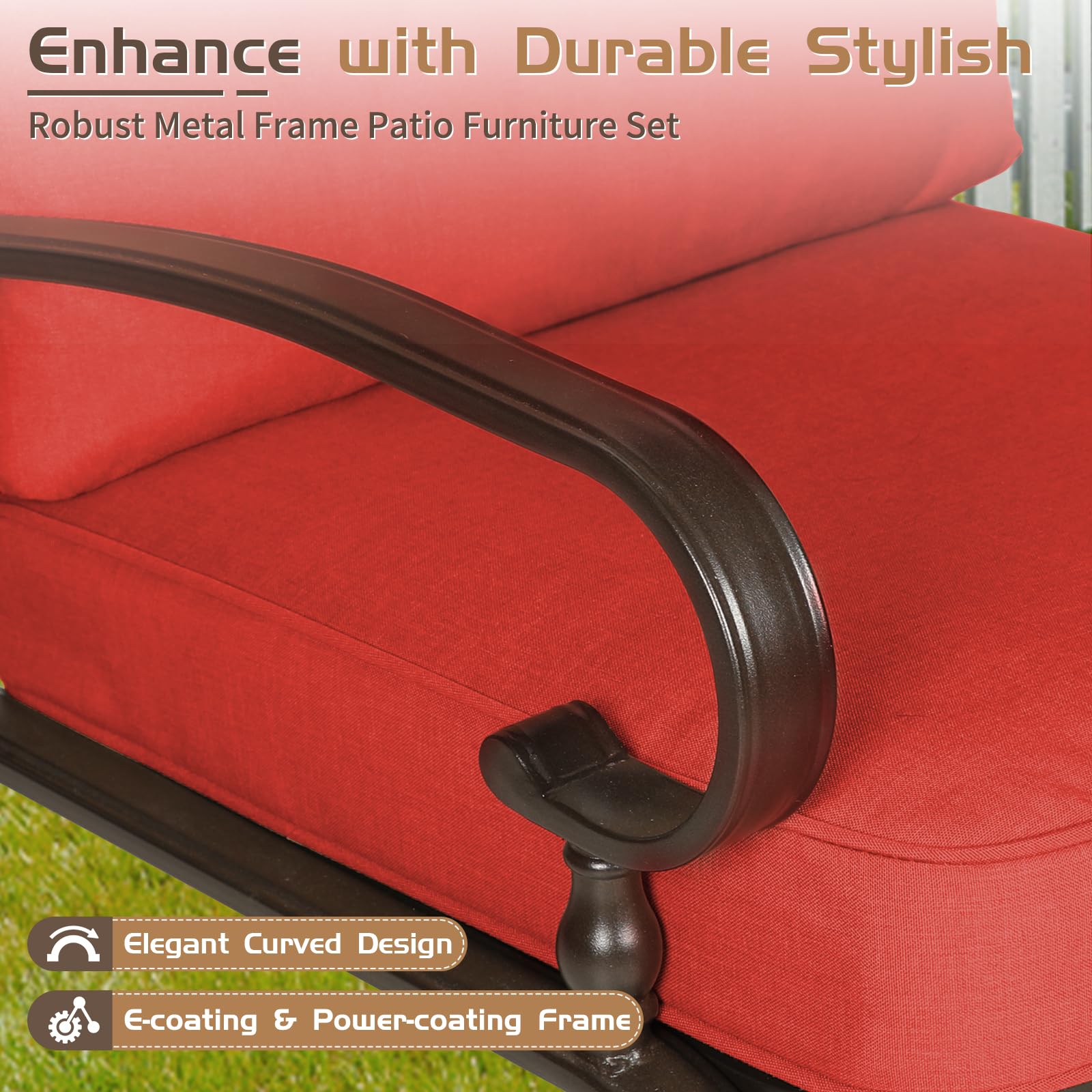 Oakcloud 7-Piece Metal Outdoor Patio Furniture Set - Wrought Iron Loveseat, Coffee Table, Bistro Table, 2 Spring Chairs & 2 Dining Chairs with Cushions (Red) - Perfect for Garden, Backyard, Poolside & Outdoor Conversations