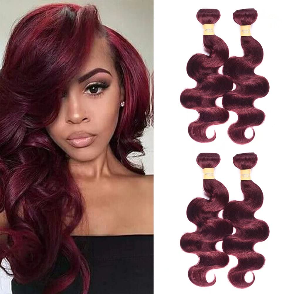 Brazilian Virgin Human Hair Bundles 99J Burgundy Wine Red Body Wave Hair Weaves - 4 Bundles (20
