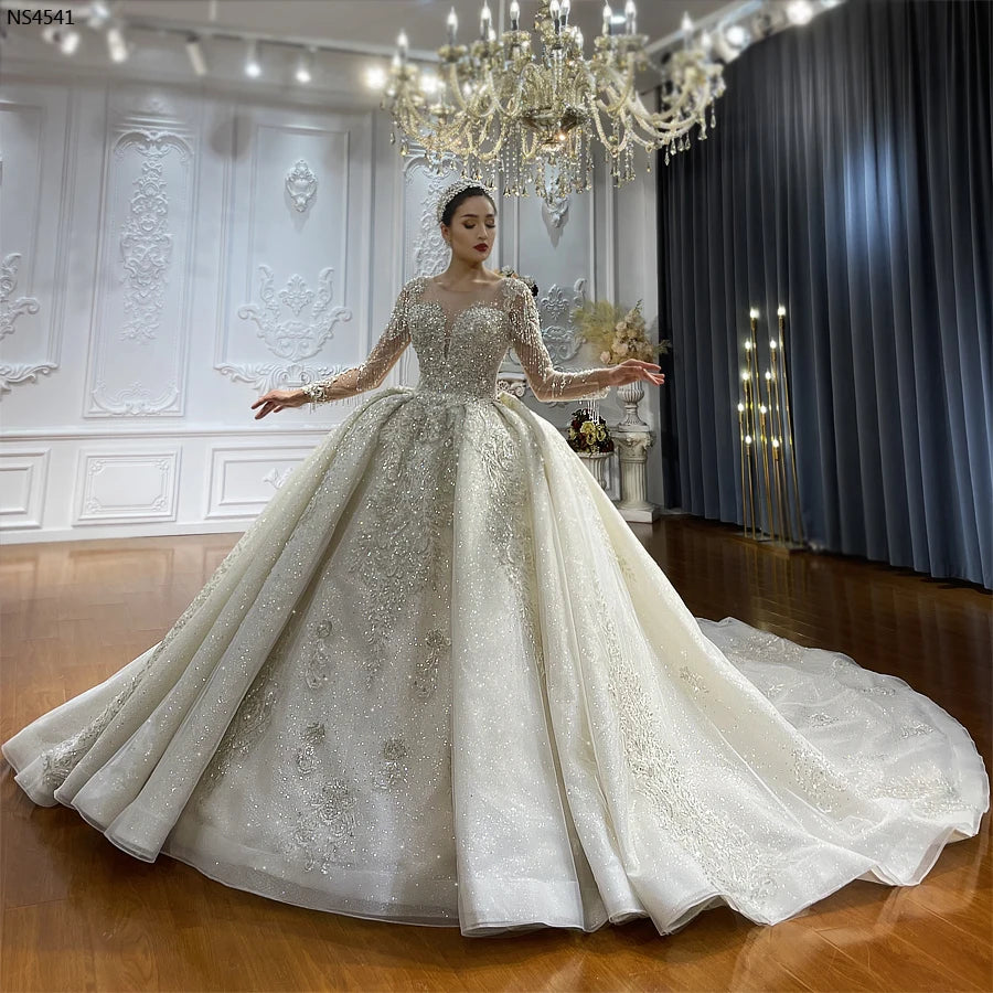Elegant Full Sleeve High Neck Vintage Ball Gown Wedding Dress with Lace Up Back - Perfect for Bridal, Formal Events & Vintage Theme Weddings