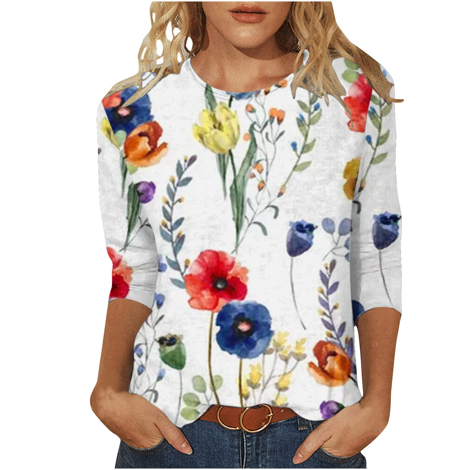 Women's Vintage Floral Print Crewneck T-Shirt - 3/4 Sleeve Casual Blouse, Slim Fit Cute Top for Everyday Wear, Work & Date Nights