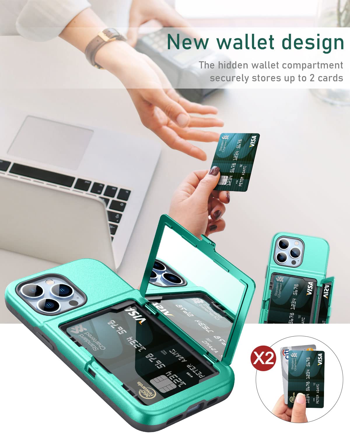 Premium Shockproof iPhone 13 Pro Wallet Case with Credit Card Slots & Hidden Mirror - Heavy Duty 3-Layer Protection Cover for iPhone 13 Pro (6.1 Inch) Mint Green - Perfect for Travel, Work & Everyday Use