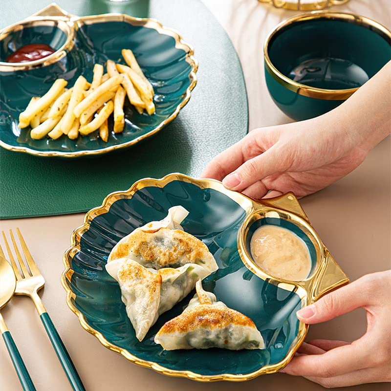 Eco-Friendly Gold Rim Ceramic Dinner Plate Set - 10.5 Inch Shell Design for Breakfast, Snacks, Dumplings, Salad, Noodles & Soup - Includes Chopsticks - Perfect for Home Dining, Restaurants & Parties (White)
