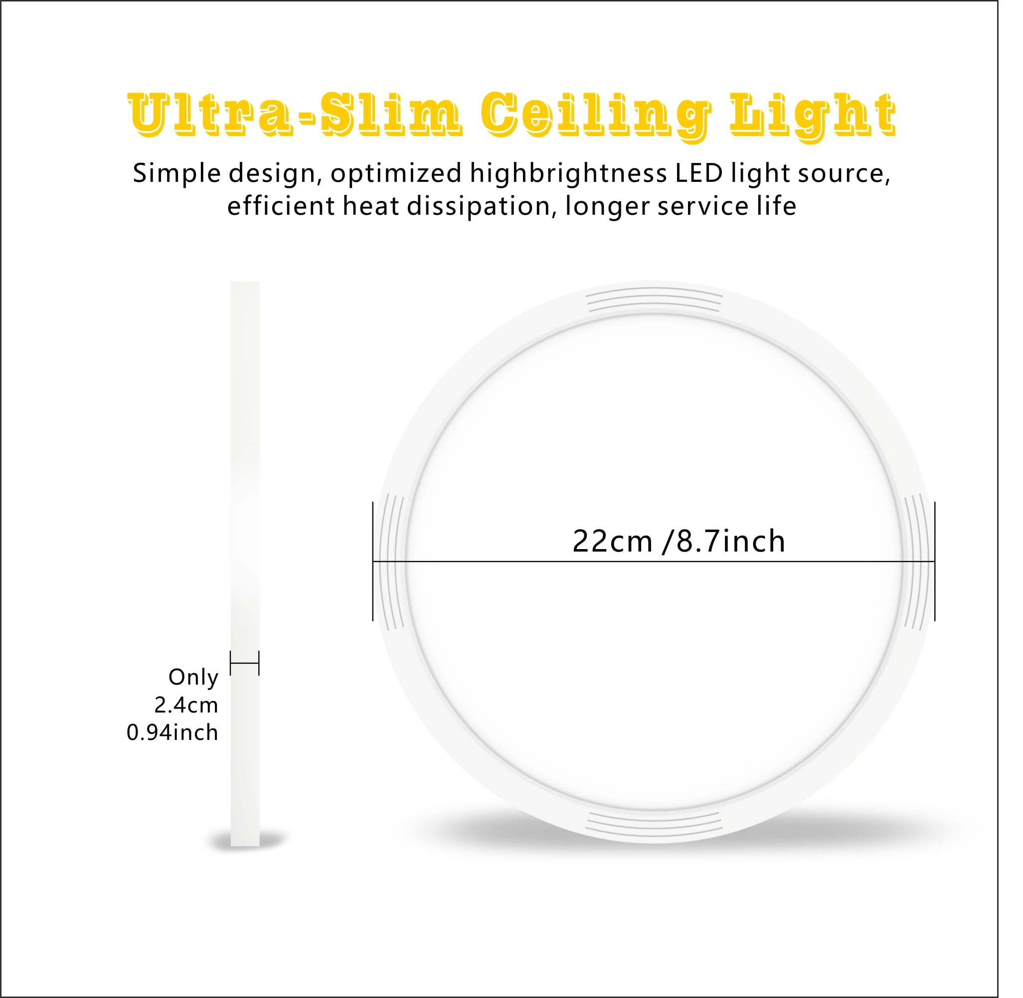 18W LED Ceiling Light Fixture - 1600LM Ultra Bright, 3 Color Temperatures (3000K/4500K/6000K), 8.7