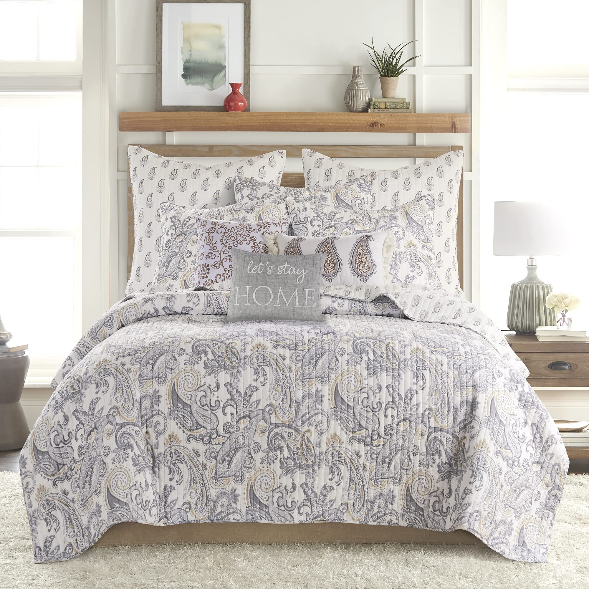 Levtex Home Maribelle Quilt Set - Twin Size (68x86 inches) with Standard Pillow Sham (20x26 inches) - Reversible Paisley Design in Charcoal, Grey, Taupe & Cream - 100% Cotton Bedding Set - Perfect for Guest Rooms, Dorm Decor & Cozy Bedroom Makeovers