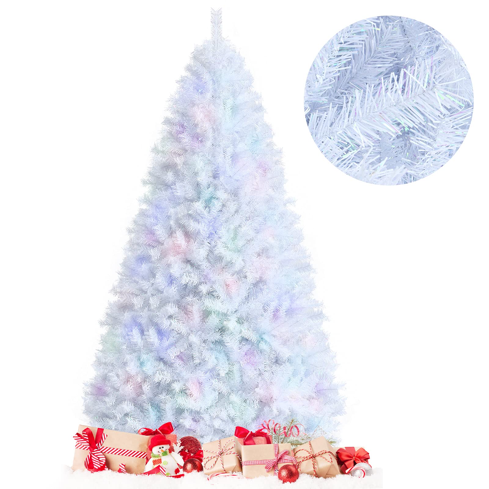 Goplus 8ft White Artificial Christmas Tree - Unlit Hinged Xmas Pine Tree with 1636 Iridescent Branch Tips & Metal Stand | Easy Quick Setup for Indoor Holiday Decor in Home, Office, Living Room, and Party