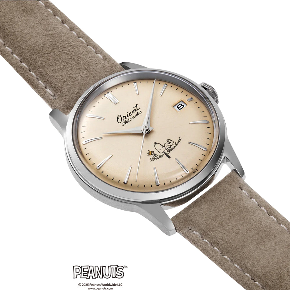Orient Peanuts 75th Anniversary Limited Edition Bambino 38mm Champagne Dial Watch with Suede Leather Strap - Perfect for Dress Occasions & Collectors