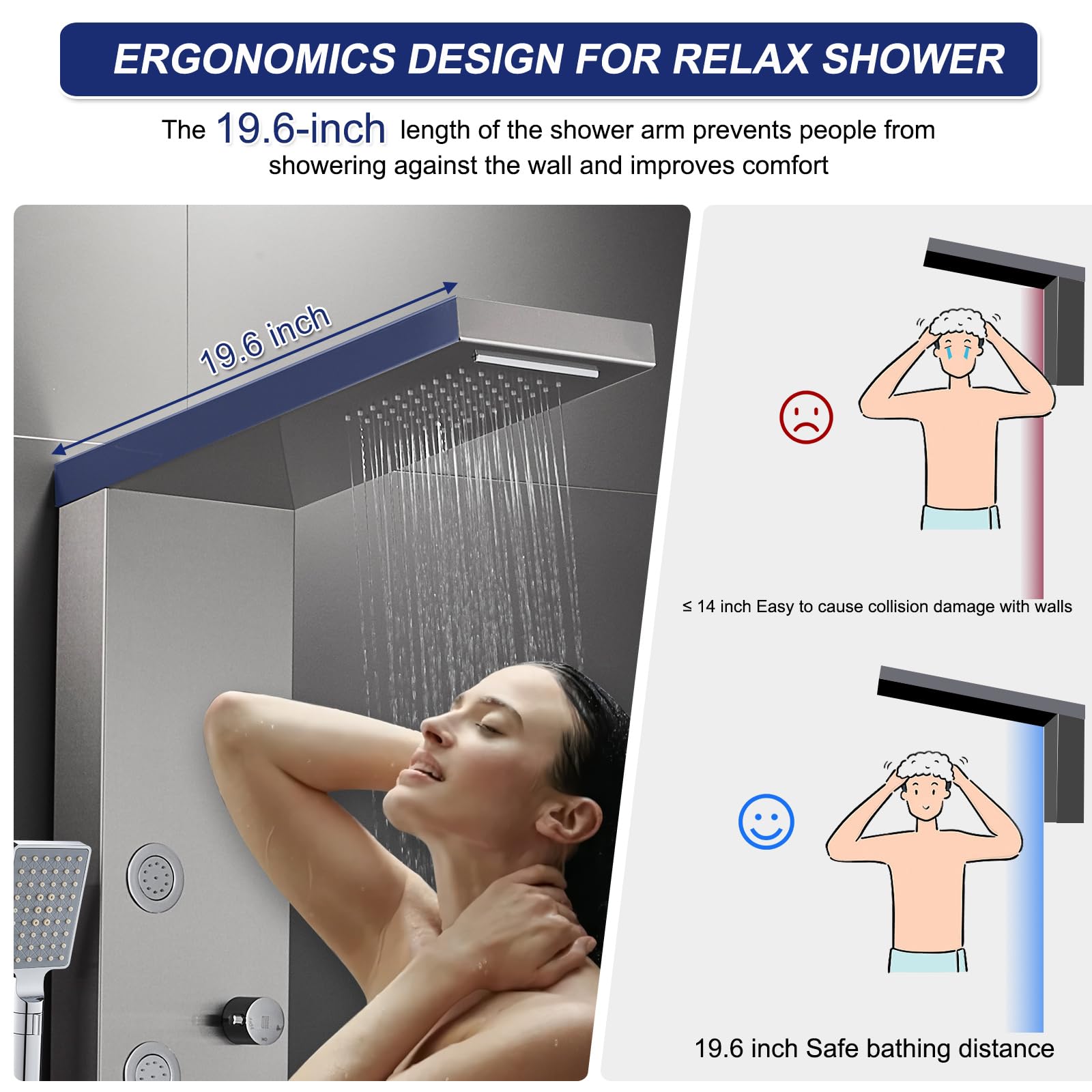ROVATE Rainfall Waterfall Shower Tower Panel System - 304 Stainless Steel Bathroom Shower Panel with 5 Body Jets & 3 Handheld Shower Heads - Wall Mounted Shower Column with Brushed Finish - Perfect for Spa-Like Luxury Bathroom Experience