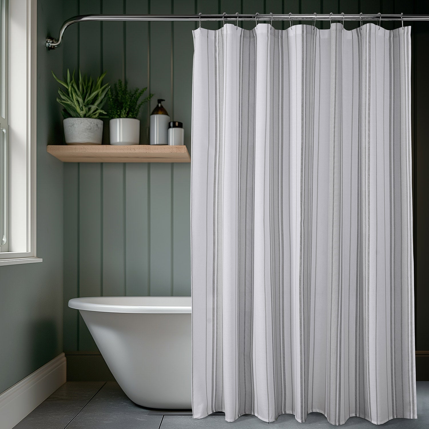 Echo Stripes Grey Beige Striped Floral Printed Shower Curtain - Waterproof Bathroom Decor for Modern & Vintage Home Styles