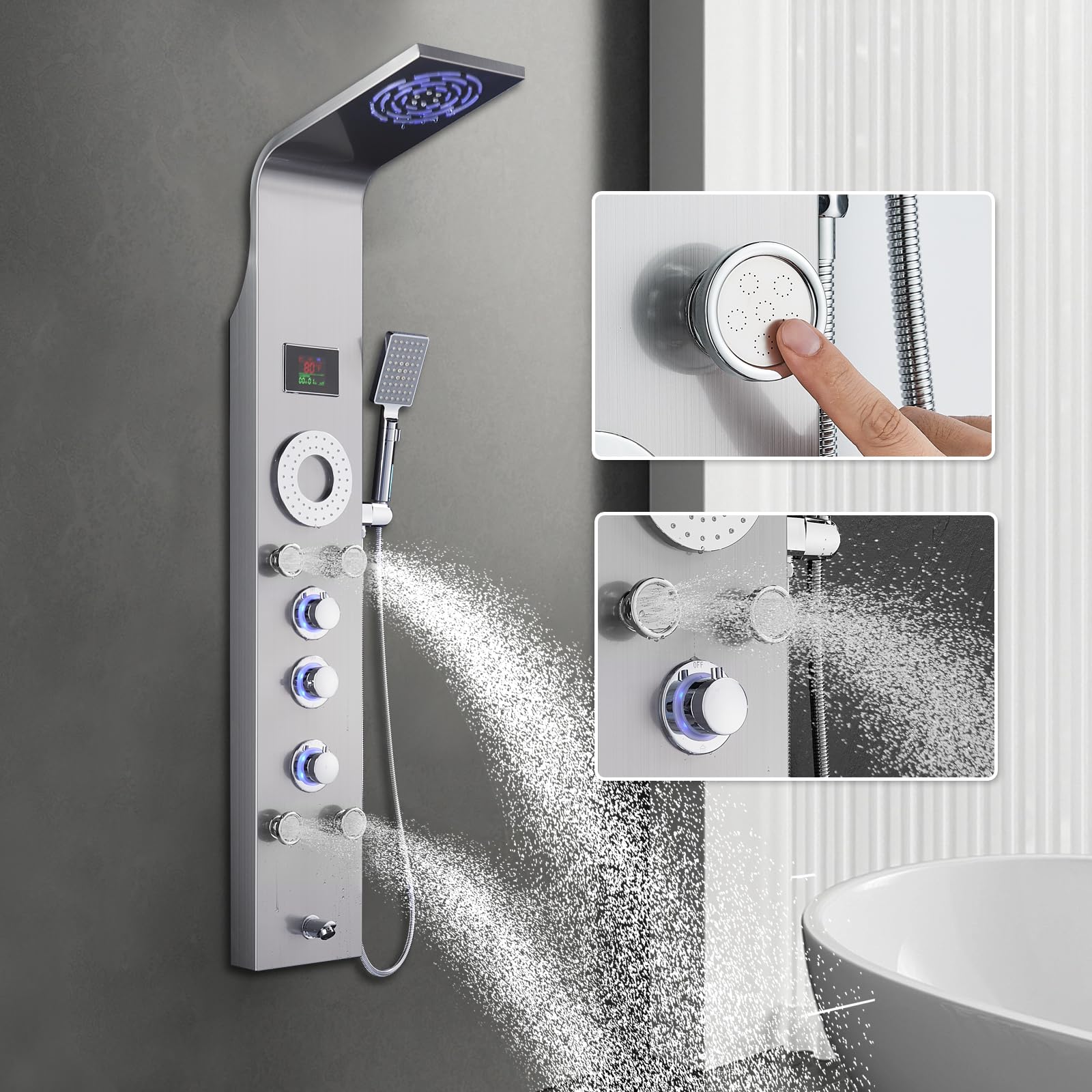No Battery Needed Shower Panel Tower with LED Lights & Temperature Display - Rainfall, Mist & Body Jet Shower System with Handheld & Tub Spout | 304 Stainless Steel Brushed Finish | Perfect for Modern Bathroom Renovation & Spa-Like Shower Experience