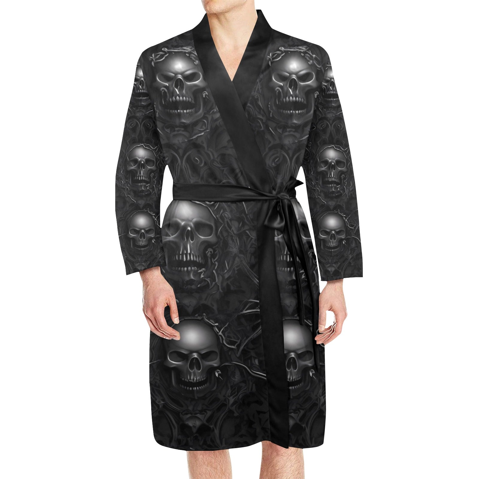 Gothic Skull Belted Night Robe for Women - Elegant Lace Trim Black Sleepwear - Perfect for Halloween, Gothic Parties & Cozy Nights