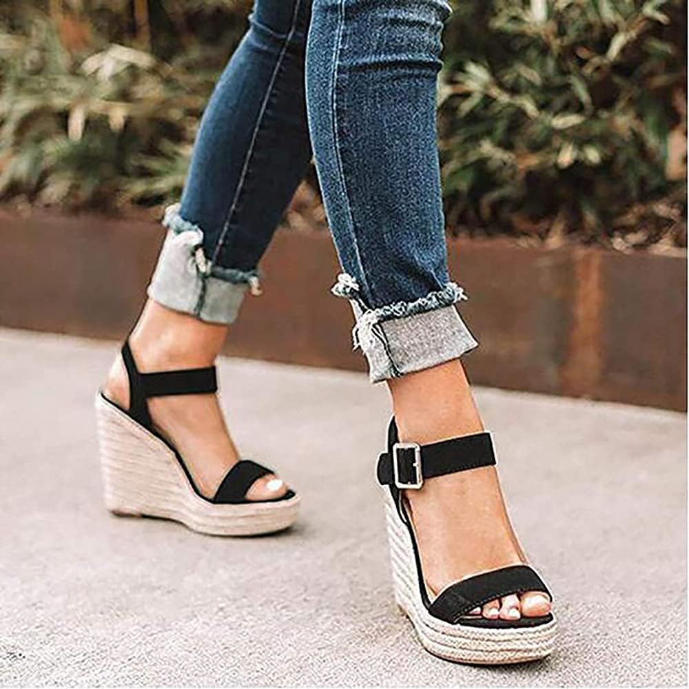 Women's Casual Summer Wedge Sandals with Ankle Strap - Open Toe Platform Sandals with Straw Woven Design for Beach, Vacation and Everyday Wear