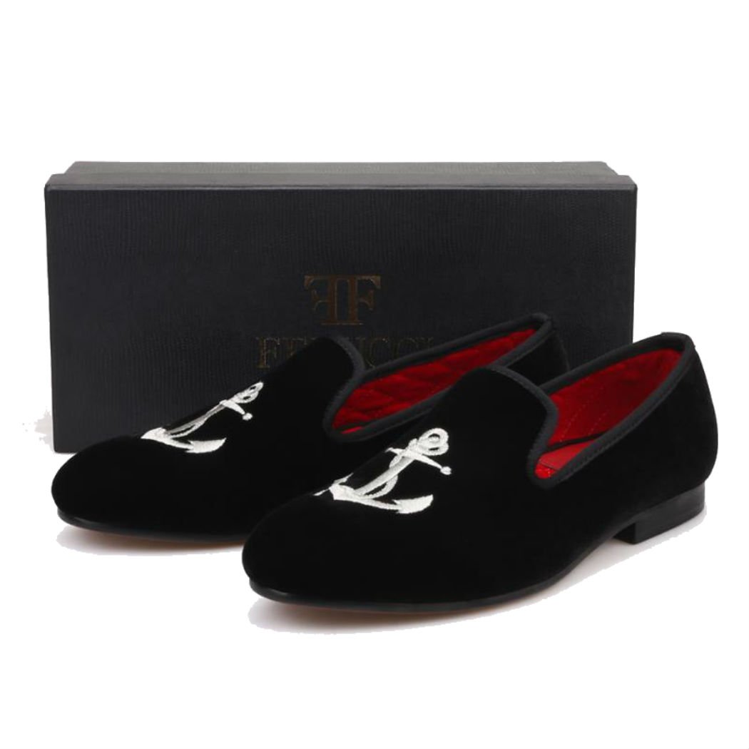 FERUCCI Handmade Men's Black Velvet Slippers - Comfortable Loafers with Silver Anchor Design for Indoor/Outdoor Wear, Perfect for Home, Office and Casual Occasions